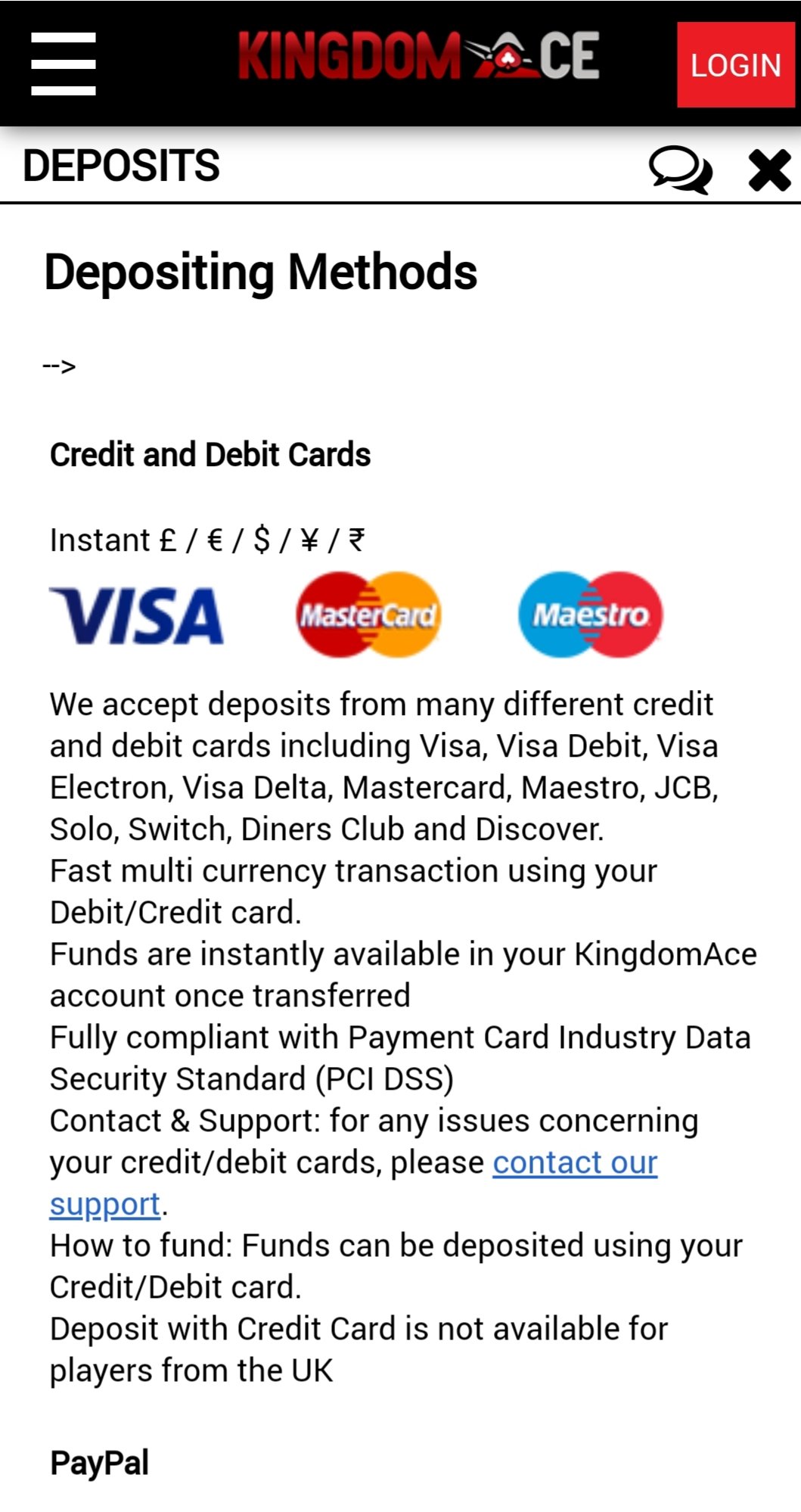 KingdomAce Casino Mobile Payment Methods Review