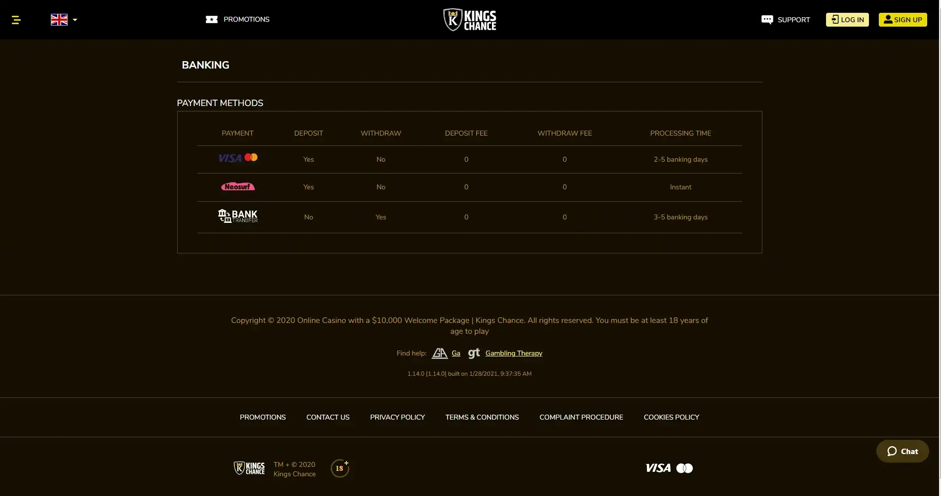 Kings Chance Casino Payment Methods