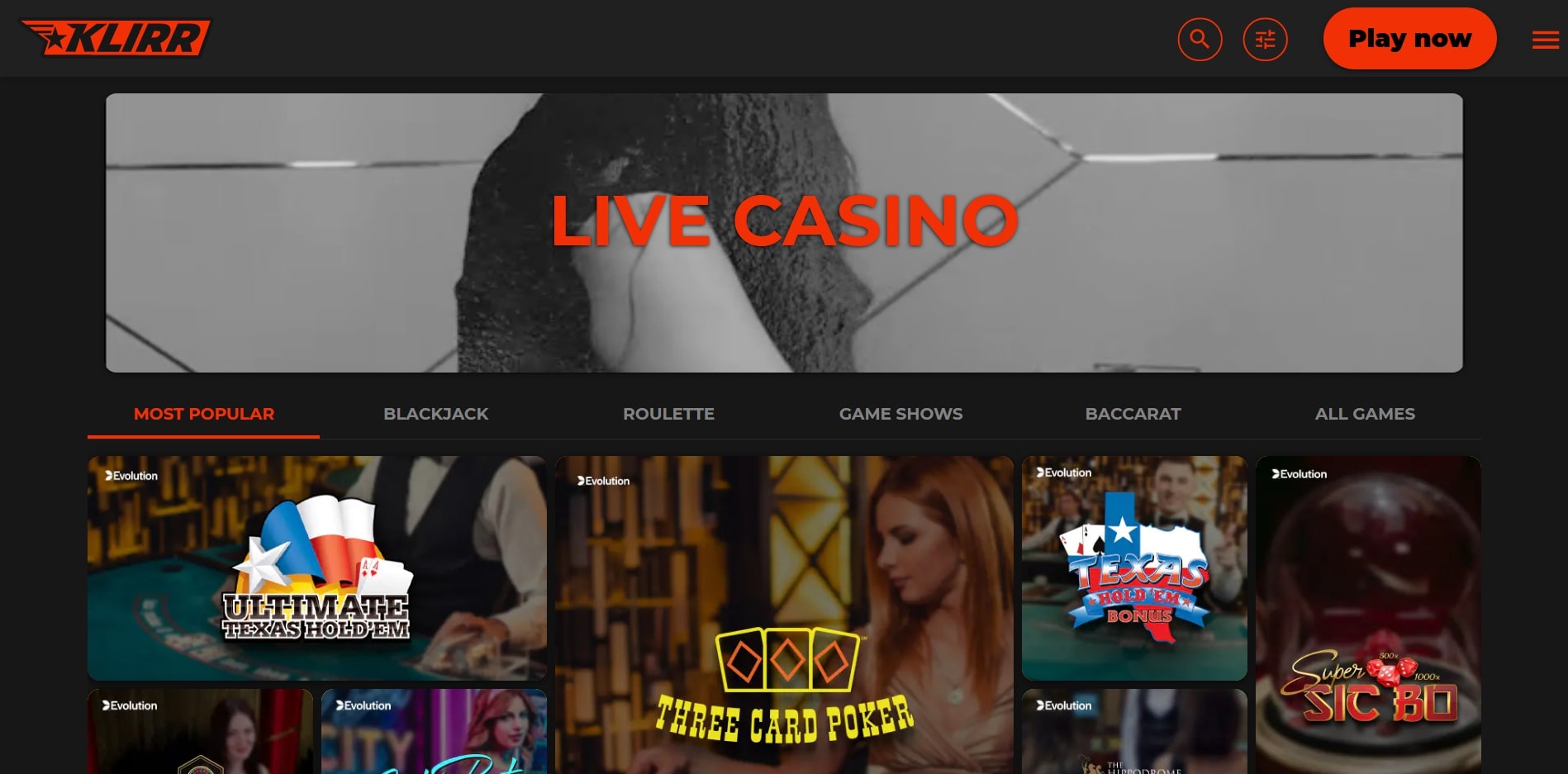 Klirr Casino Live Dealer Games