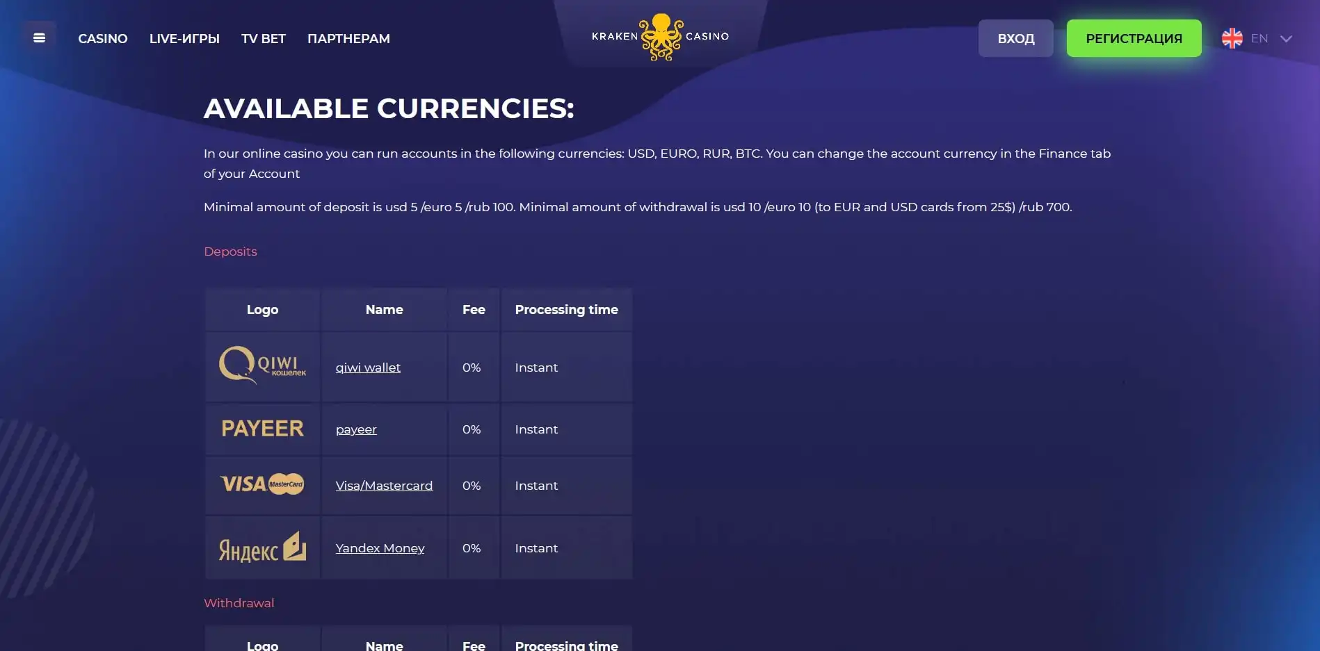 Kraken Casino Payment Methods