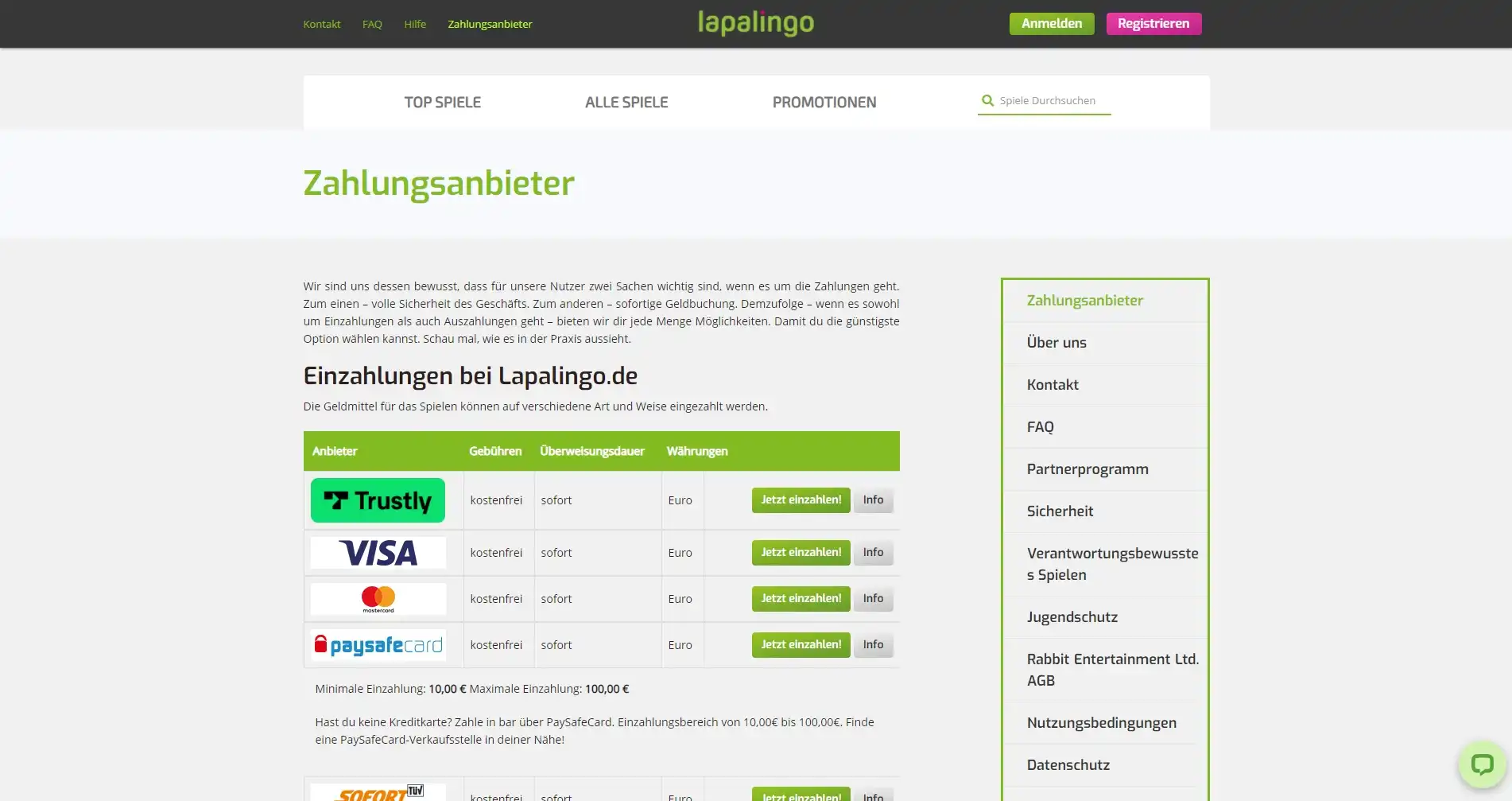 Lapalingo Casino Payment Methods