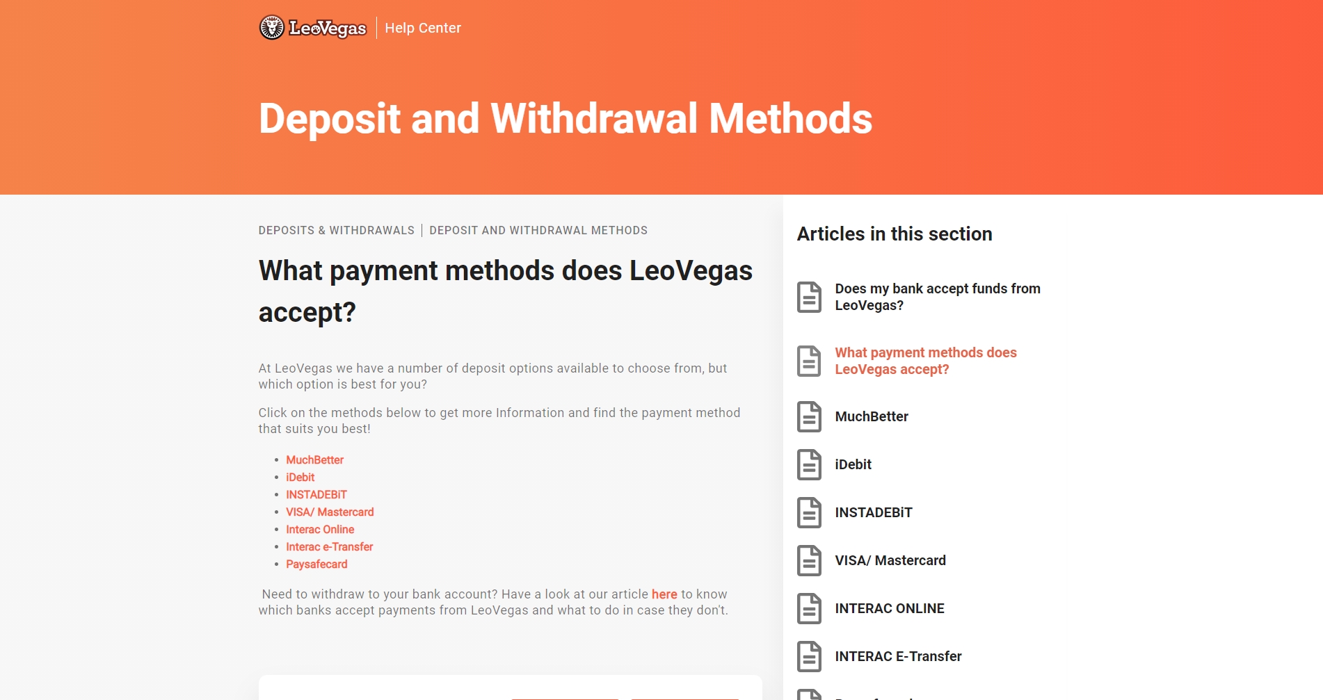 Leo Vegas Casino Payment Methods