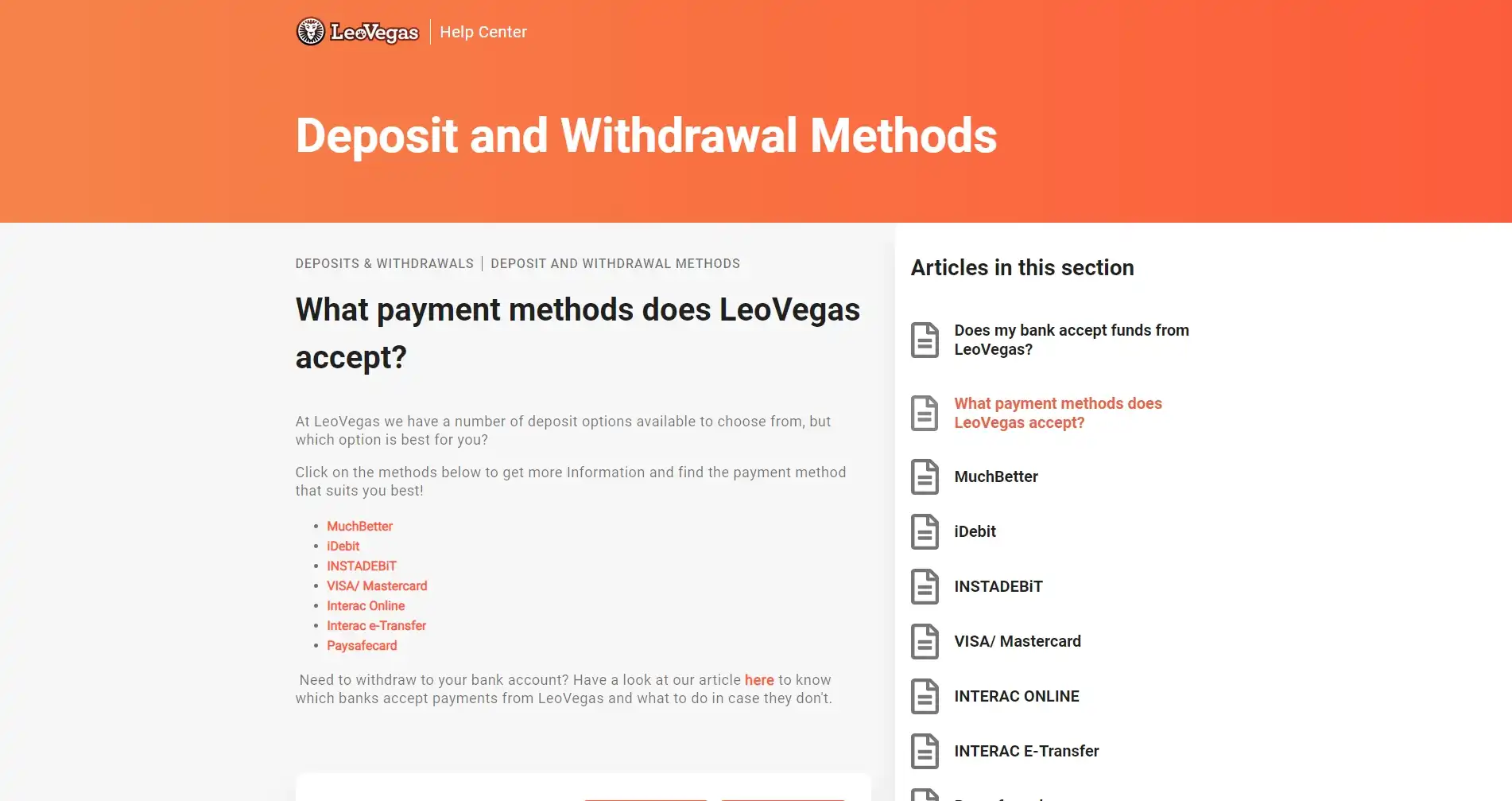 Leo Vegas Casino Payment Methods