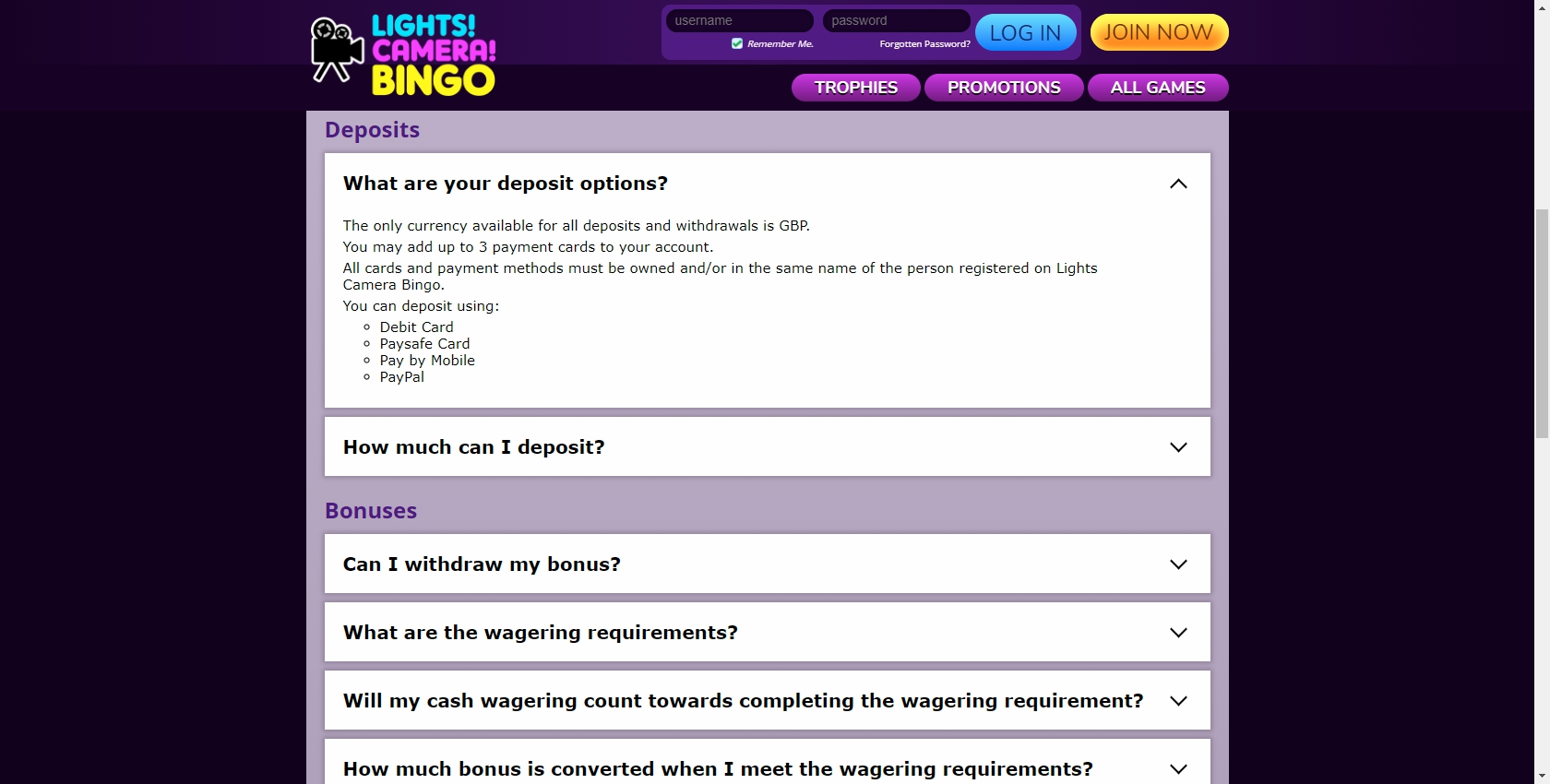Lights Camera Bingo Casino Payment Methods
