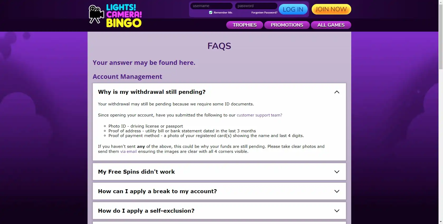Lights Camera Bingo Casino Support