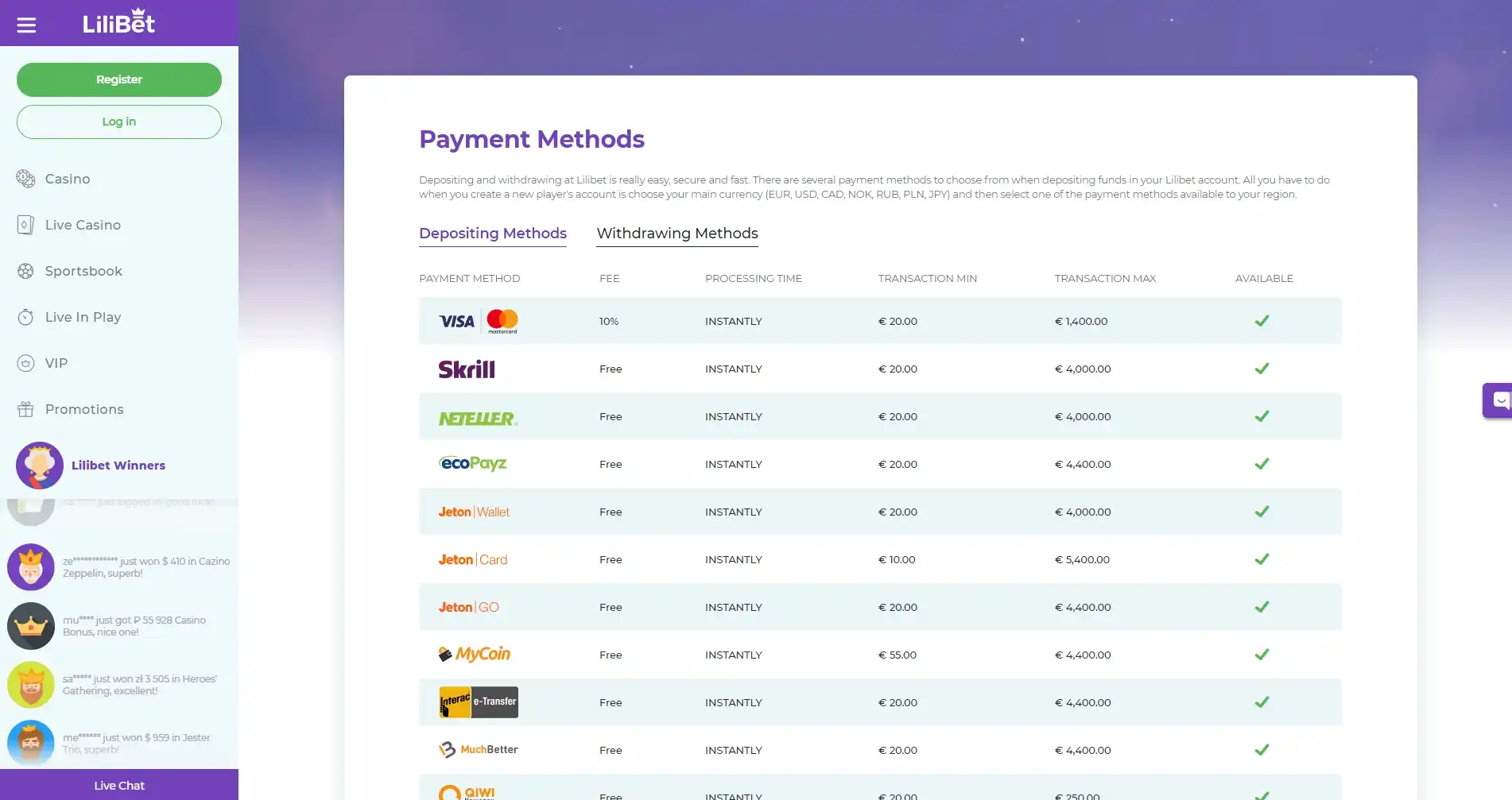 Lilibet Casino Payment Methods