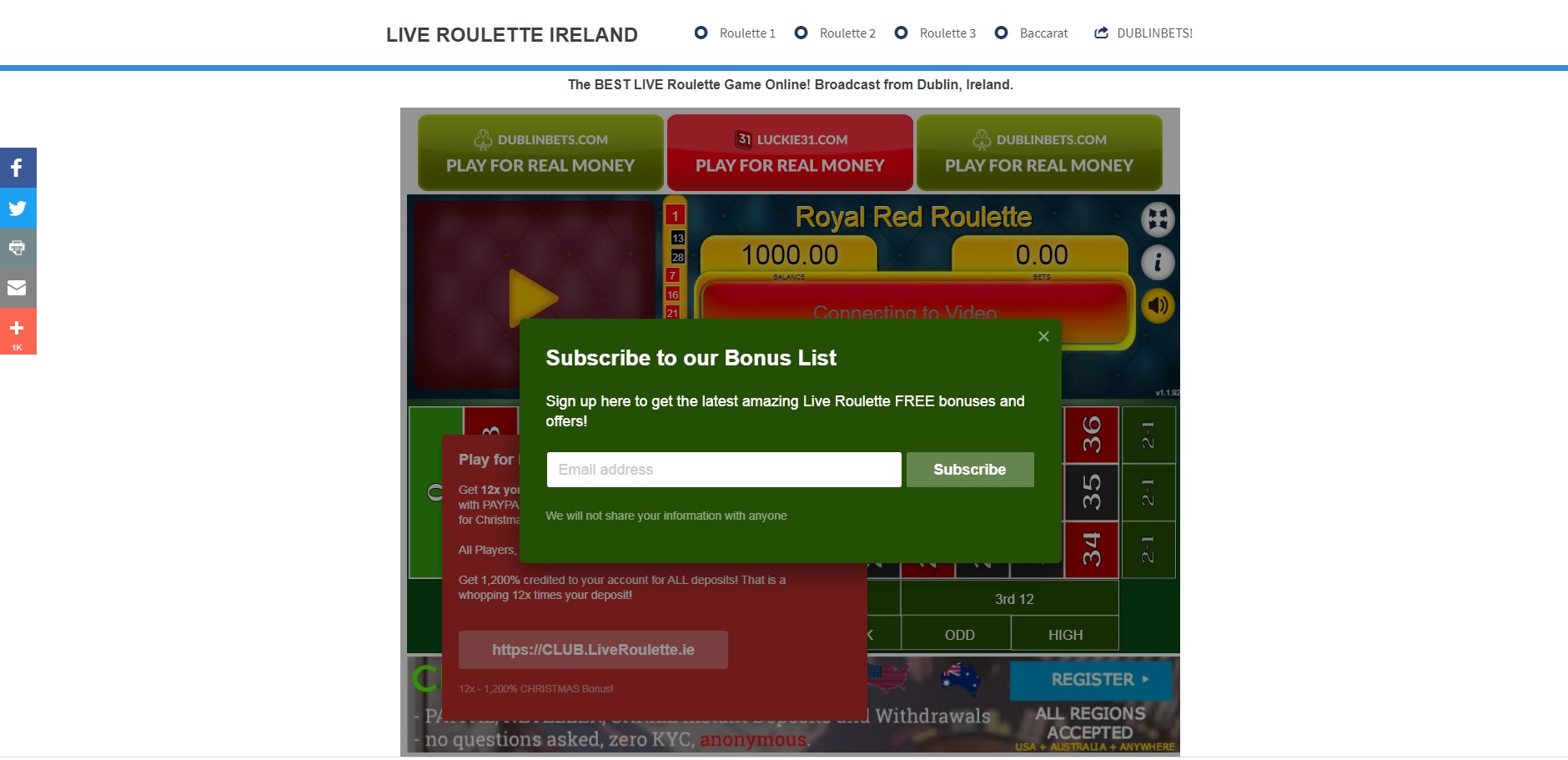 Live Roulette Casino Ireland No Deposit Bonus