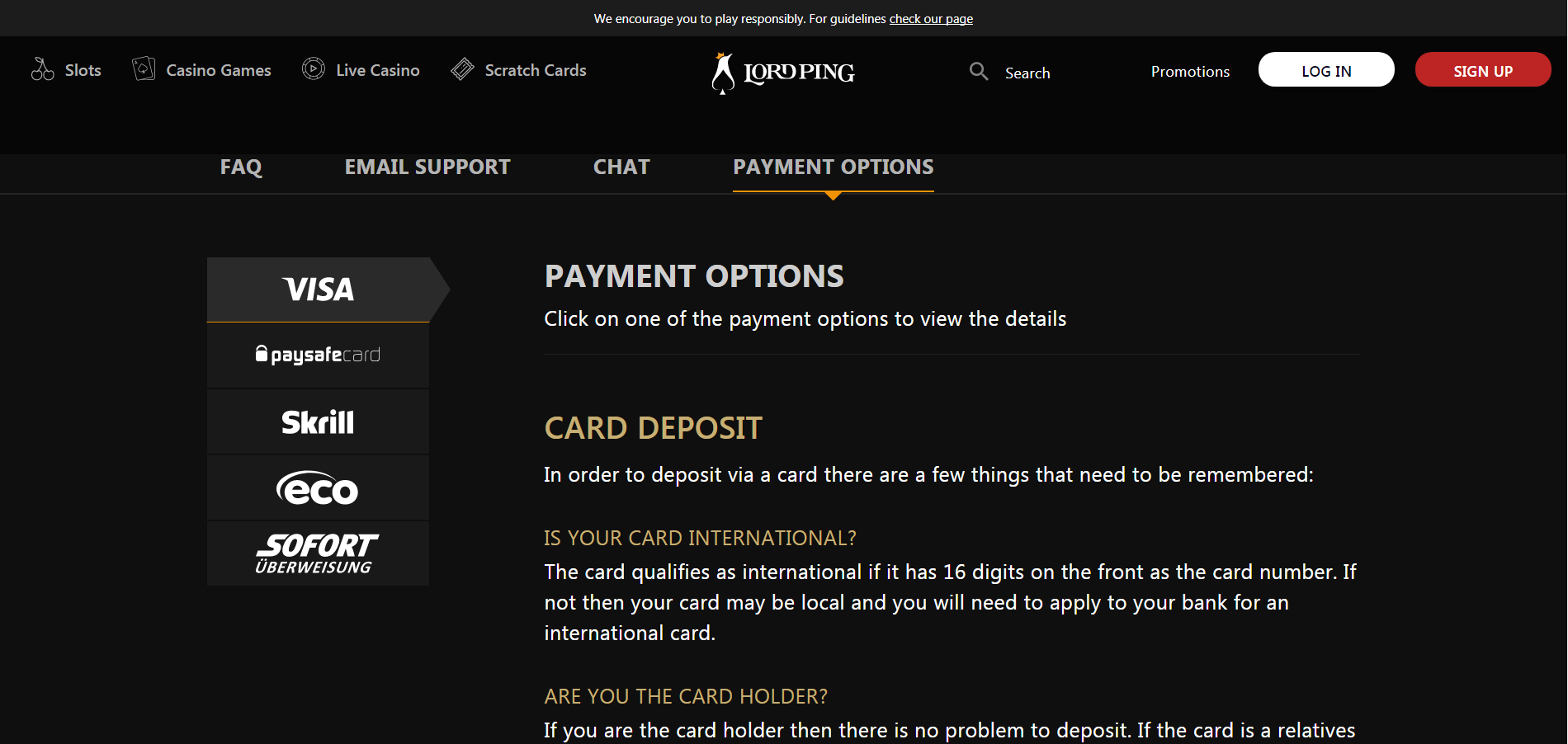 Lordping Casino Payment Methods