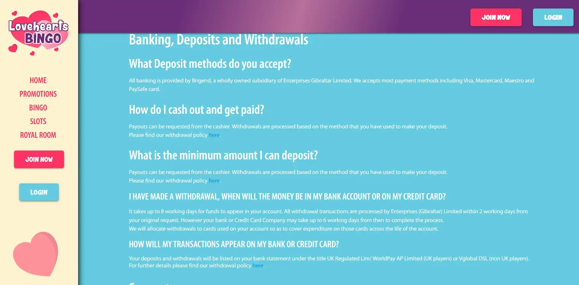 Love Hearts Bingo Casino Payment Methods