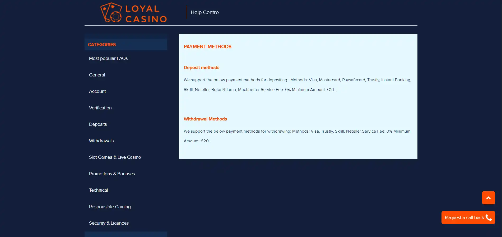 Loyal Casino Payment Methods