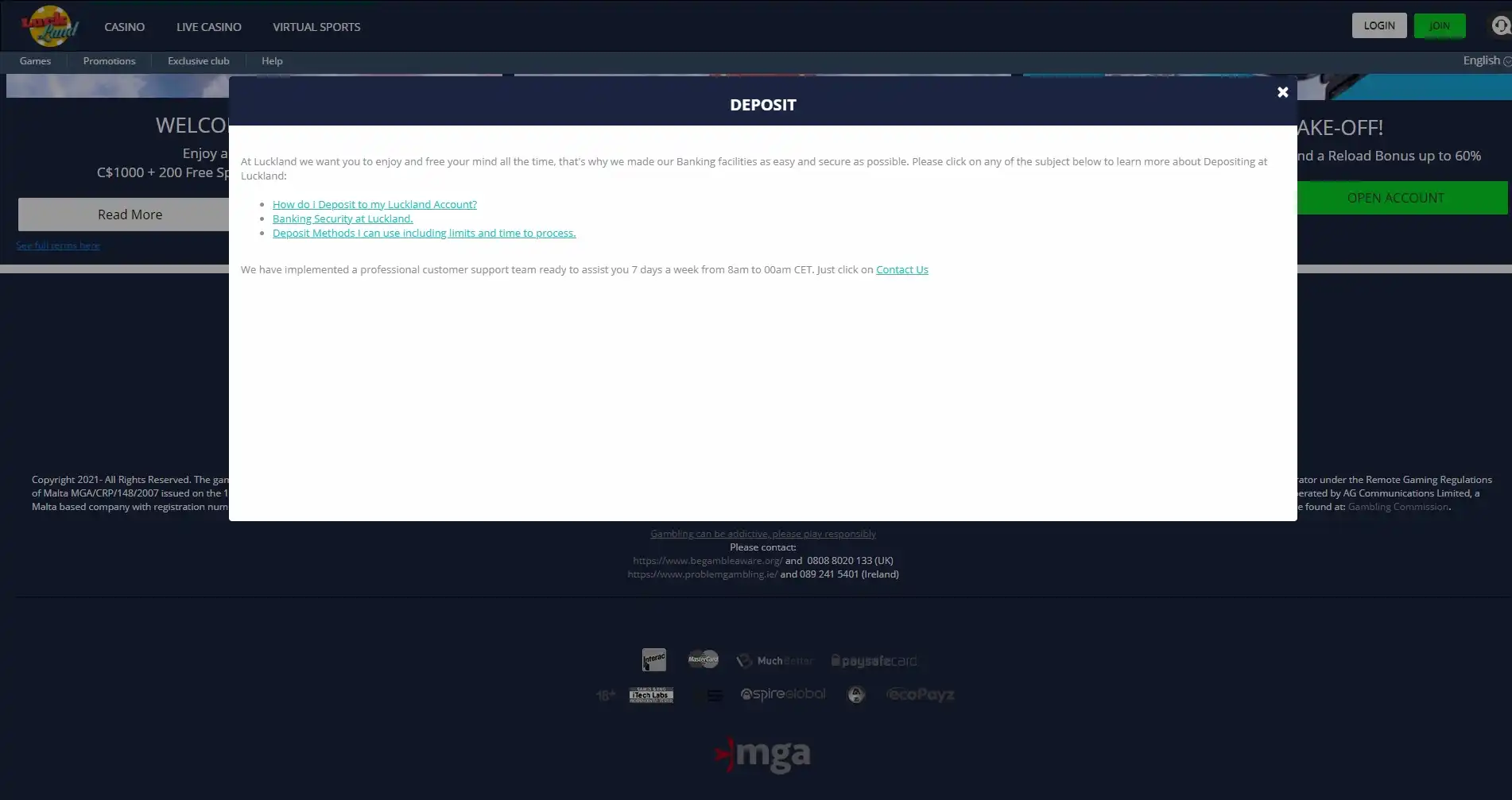 LuckLand Casino Payment Methods