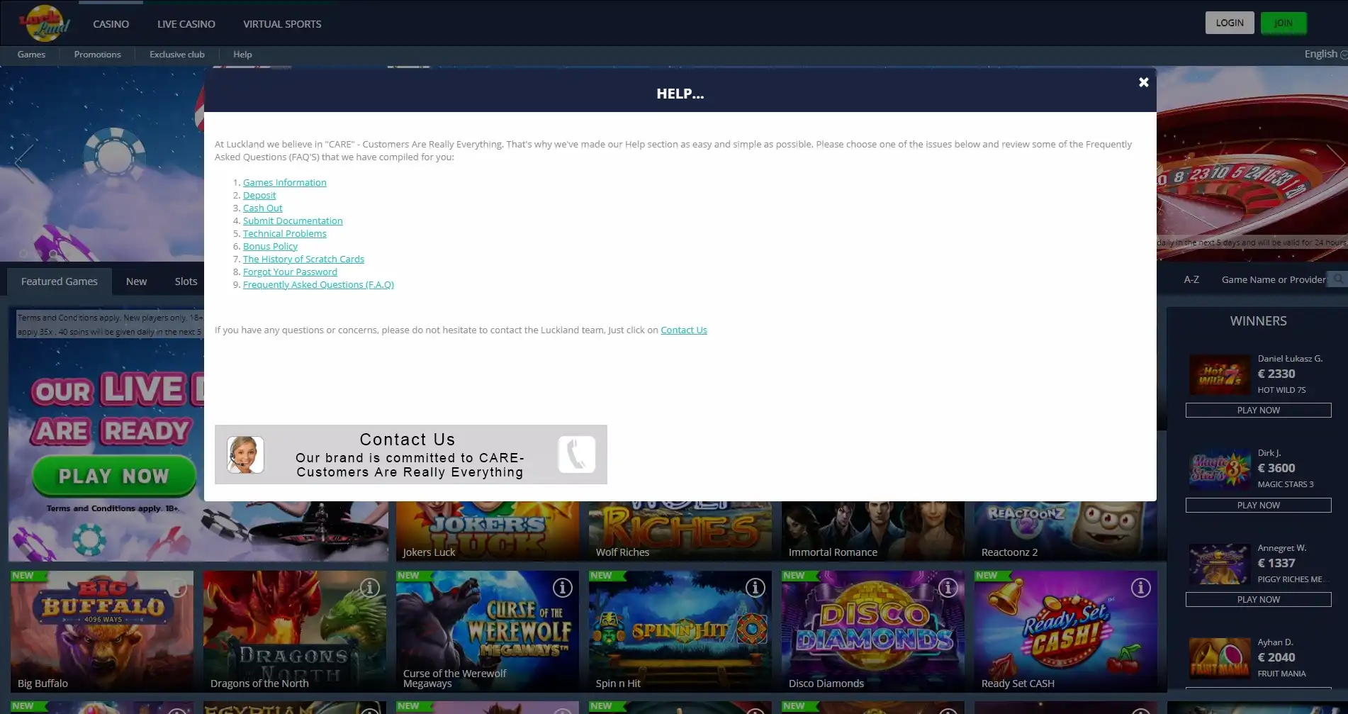 LuckLand Casino Support