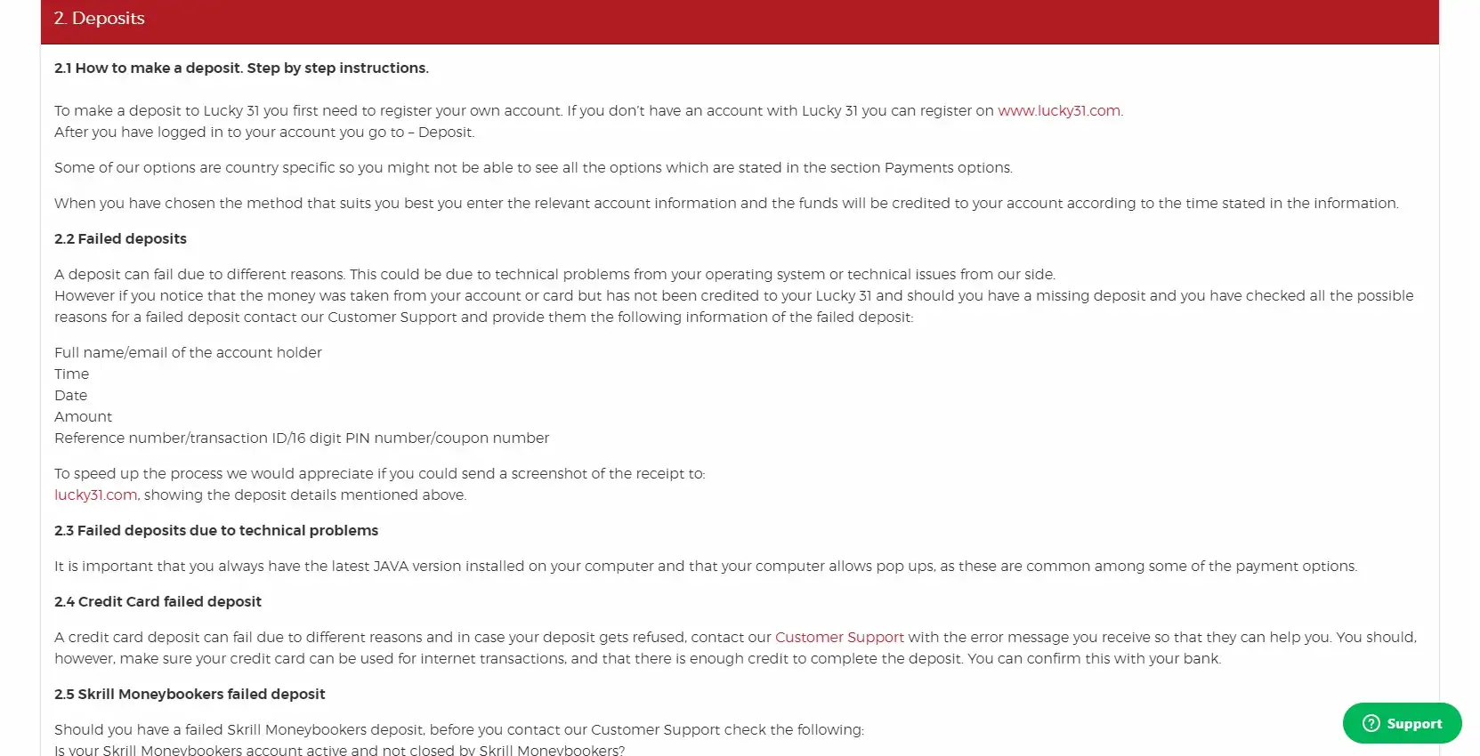 Lucky 31 Casino Payment Methods