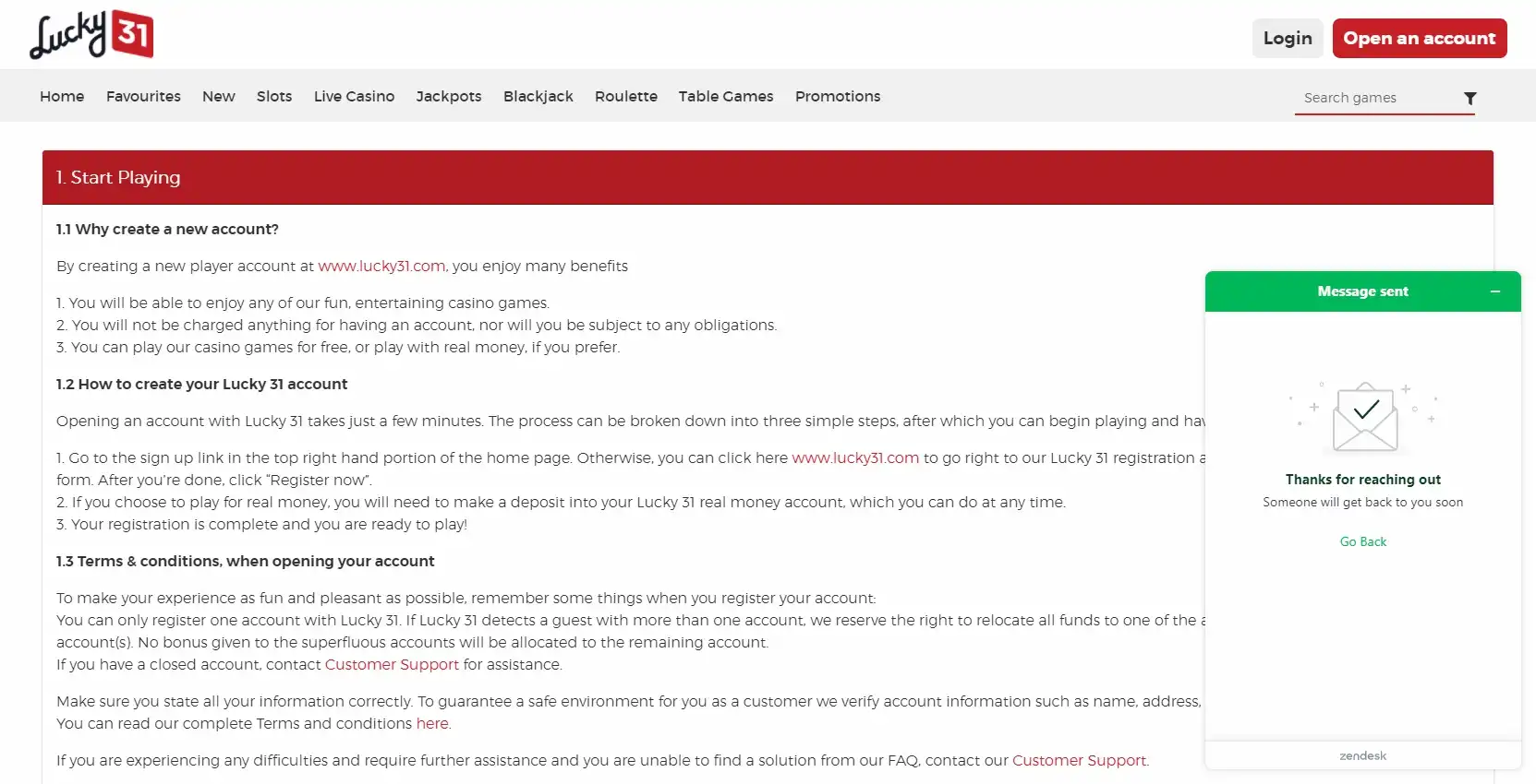 Lucky 31 Casino Support