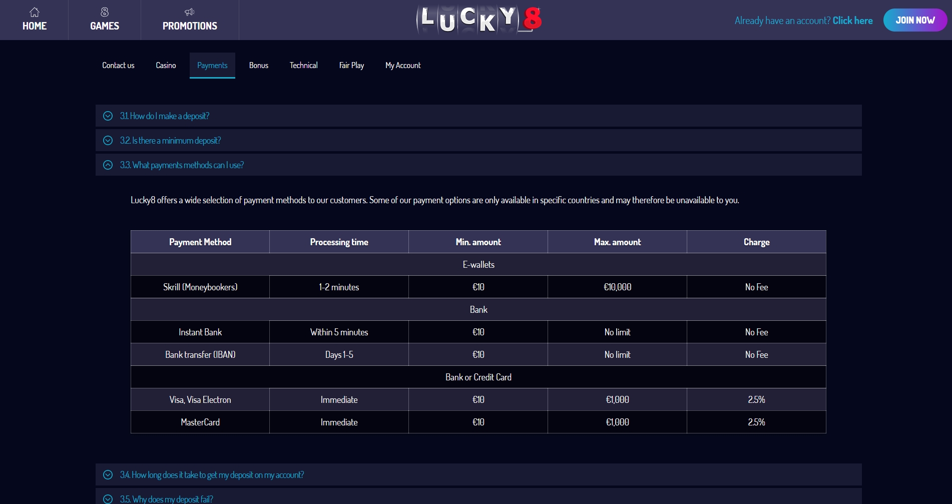 Lucky8 Casino Payment Methods
