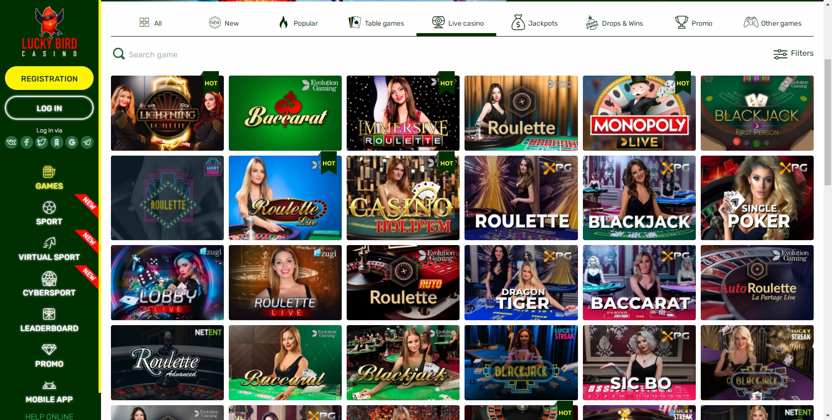 Lucky Bird Casino Live Dealer Games