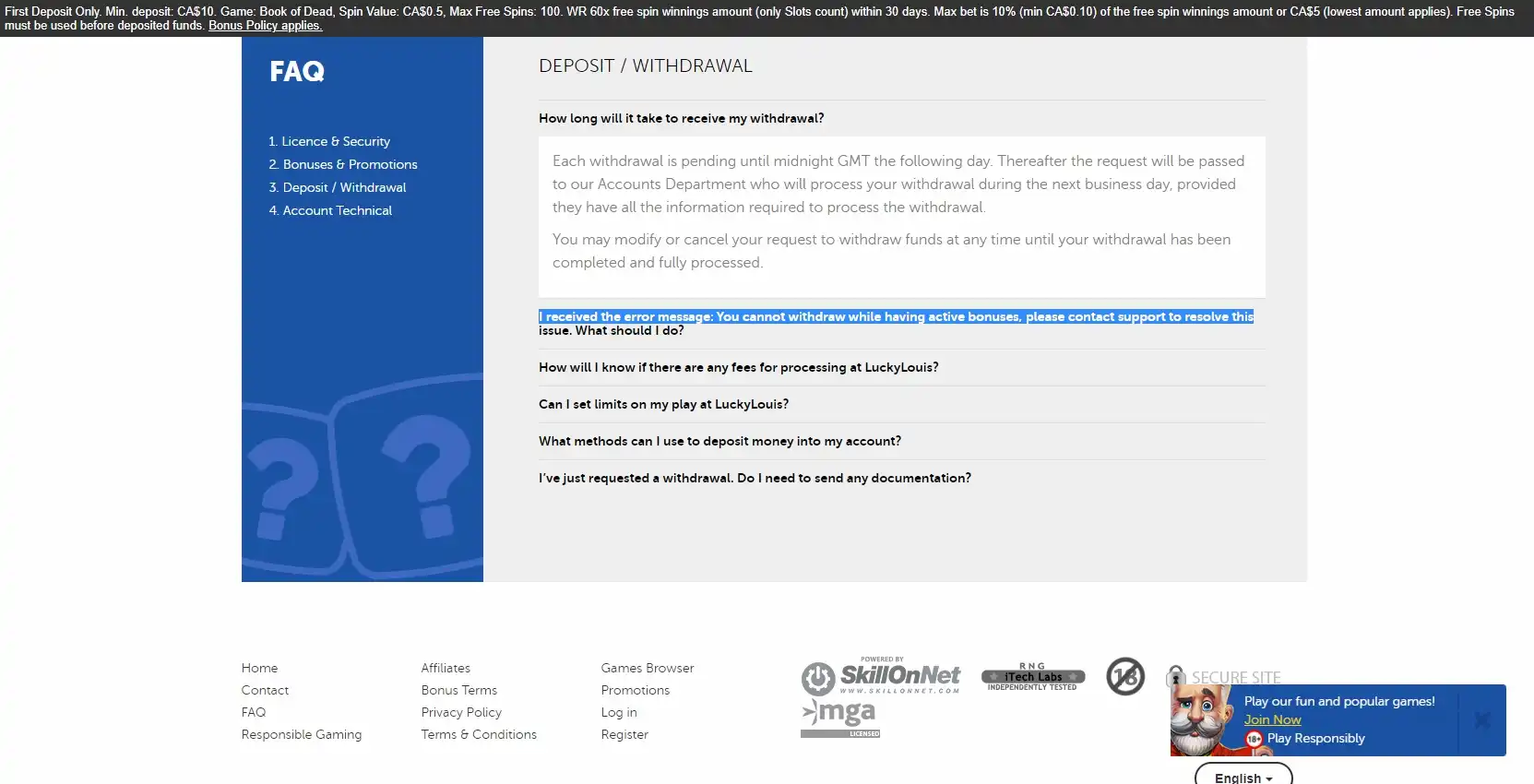 LuckyLouis Casino Payment Methods