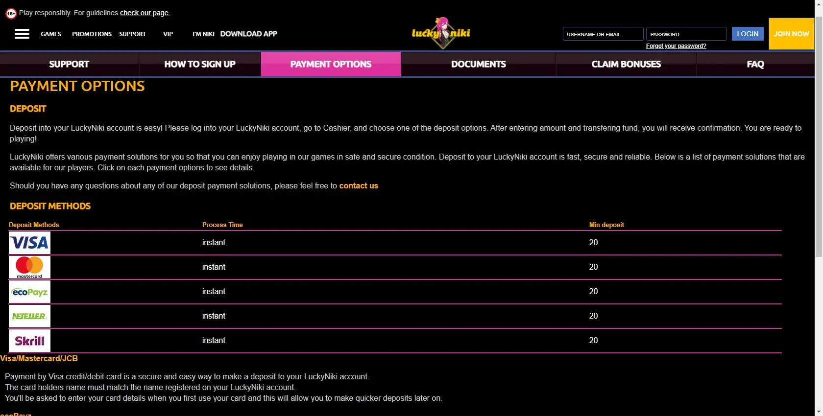 Lucky Niki Casino Payment Methods