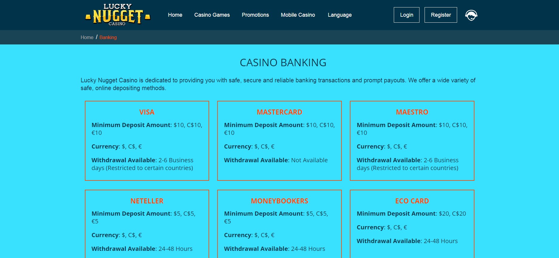 Lucky Nugget Casino Payment Methods