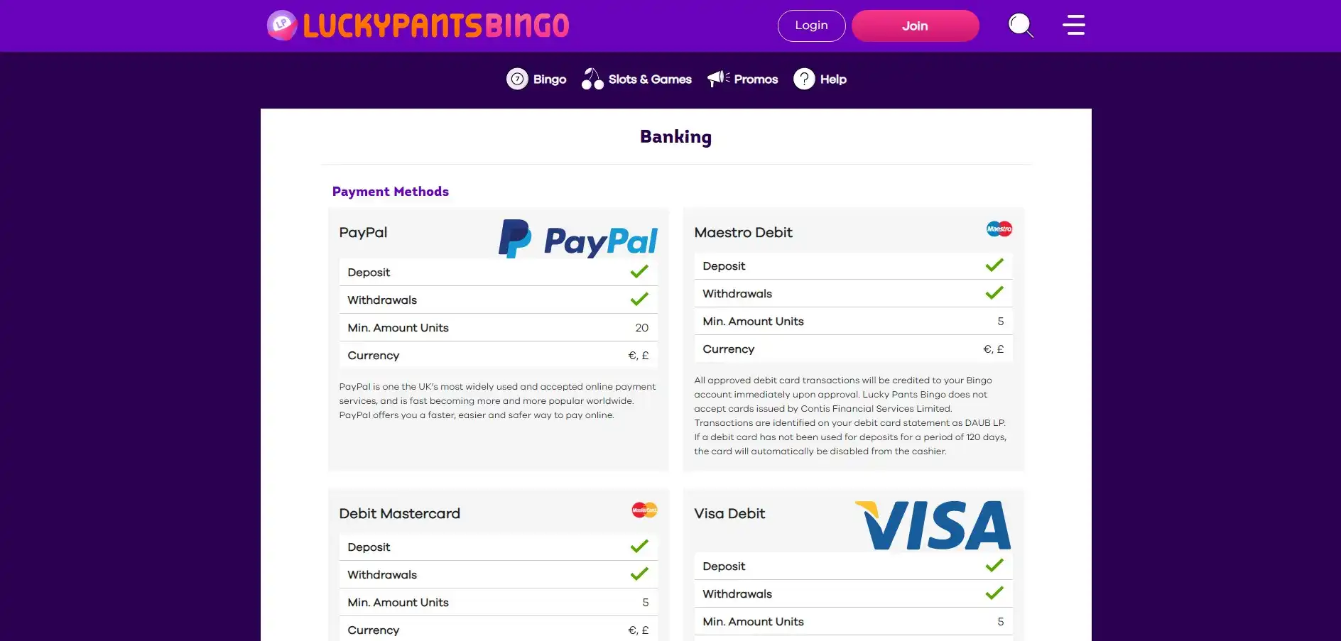 LuckyPantsBingo Casino Payment Methods