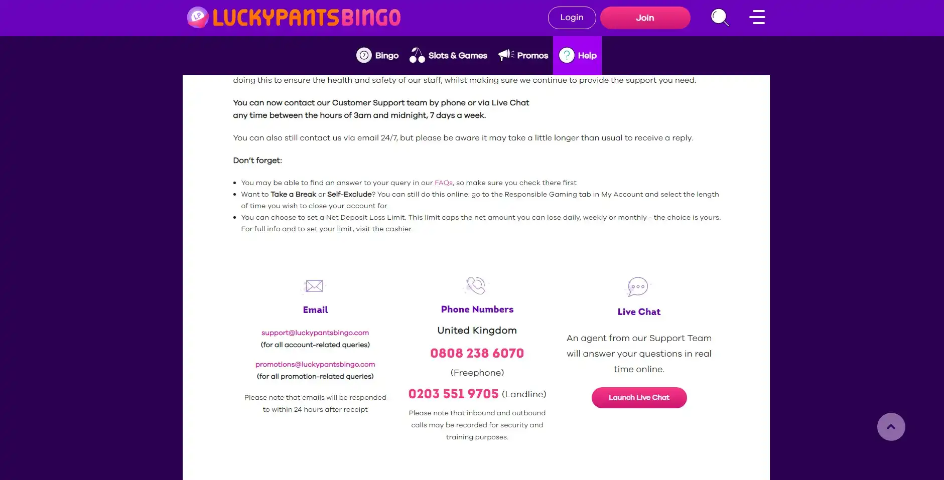 LuckyPantsBingo Casino Support