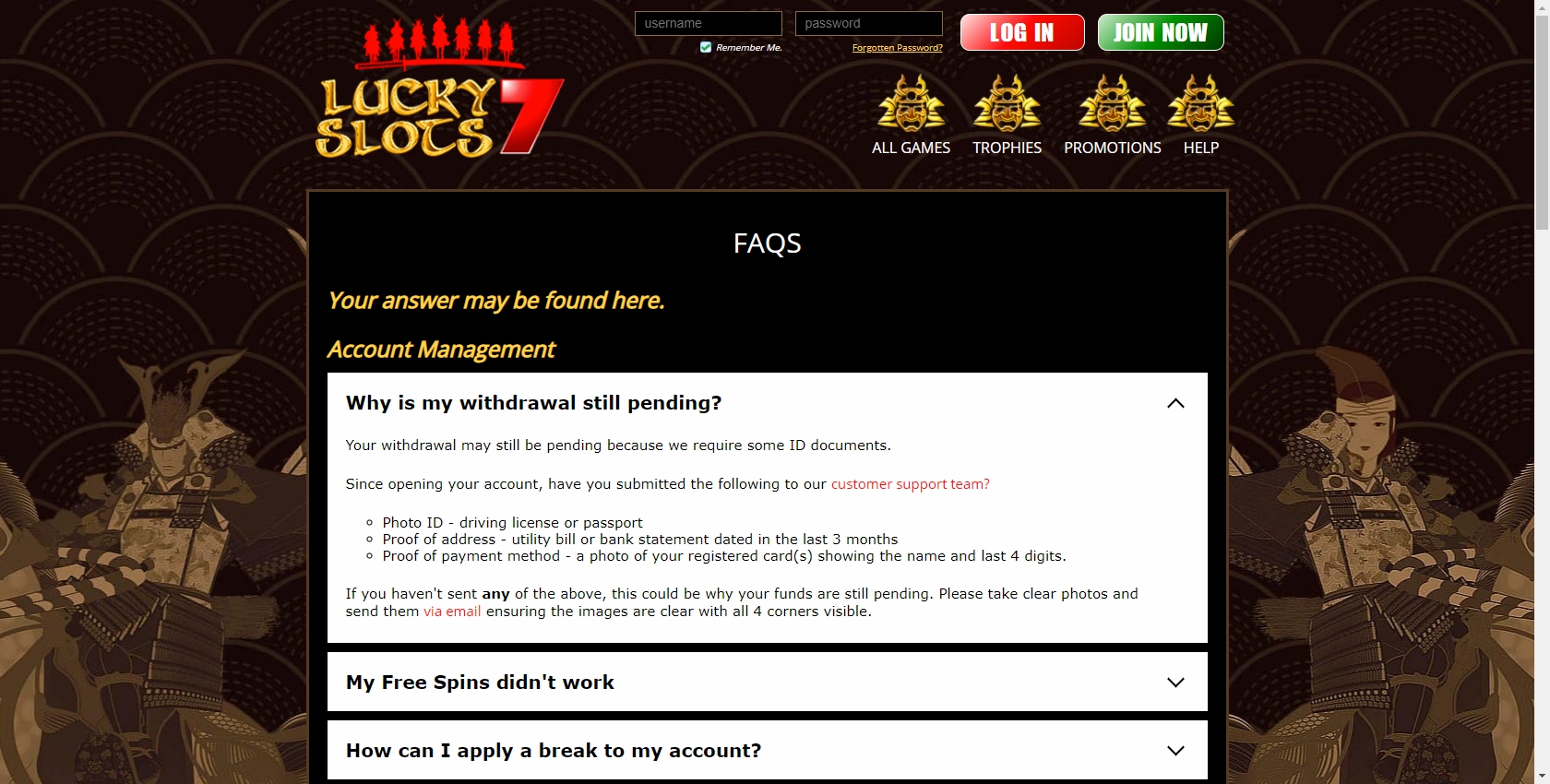Lucky Slots 7 Casino Support