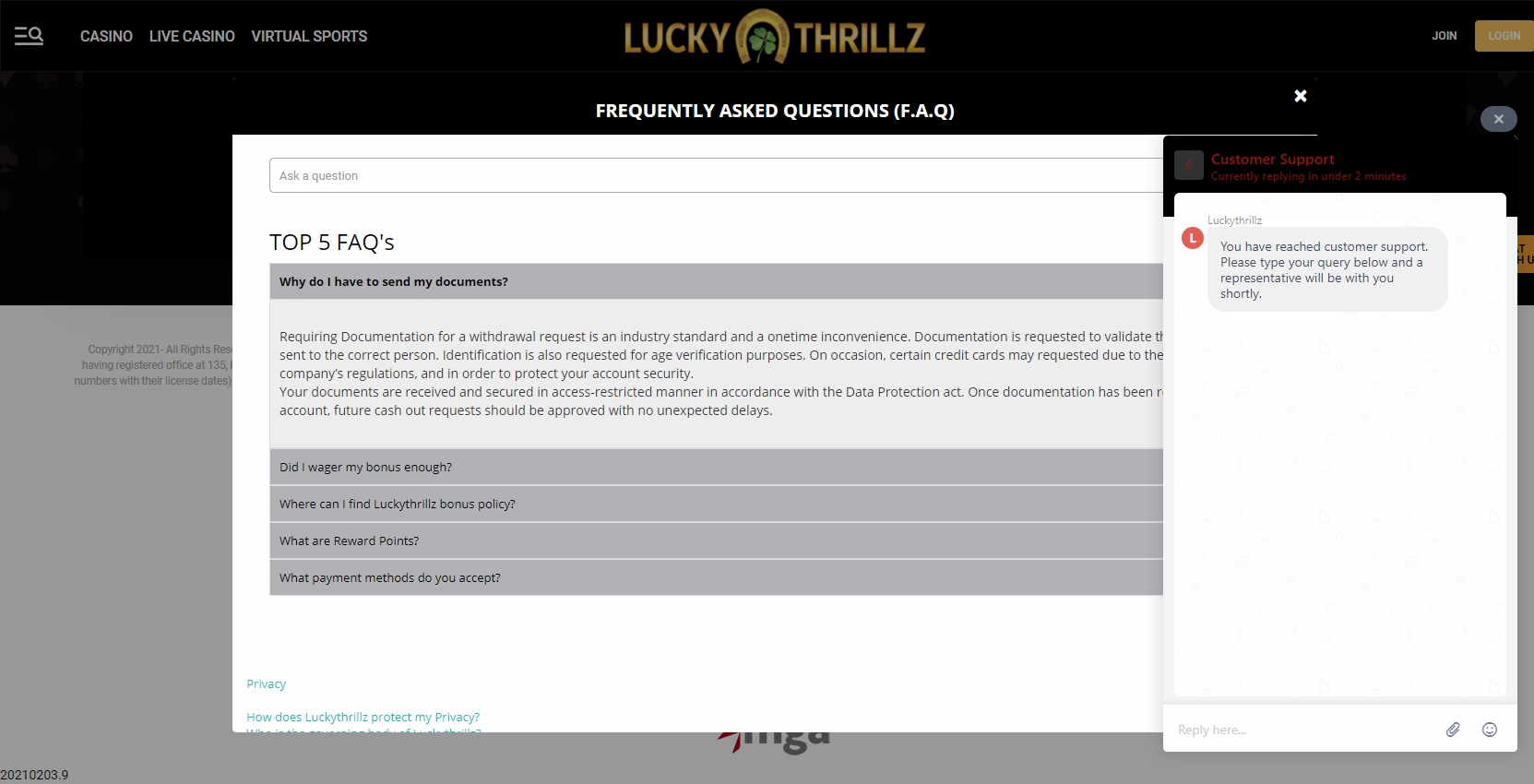Lucky Thrillz Casino Support