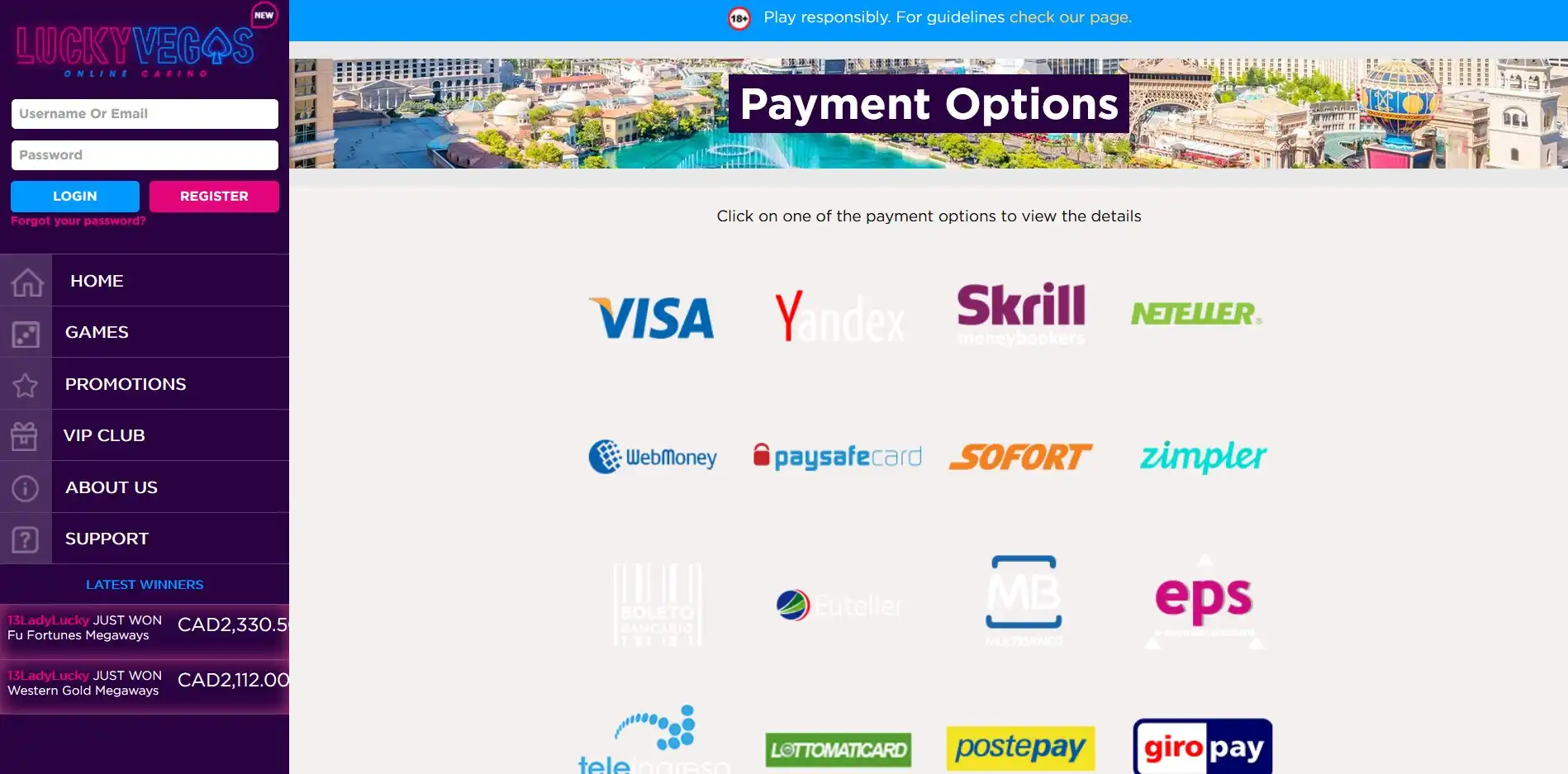 Lucky Vegas Payment Methods