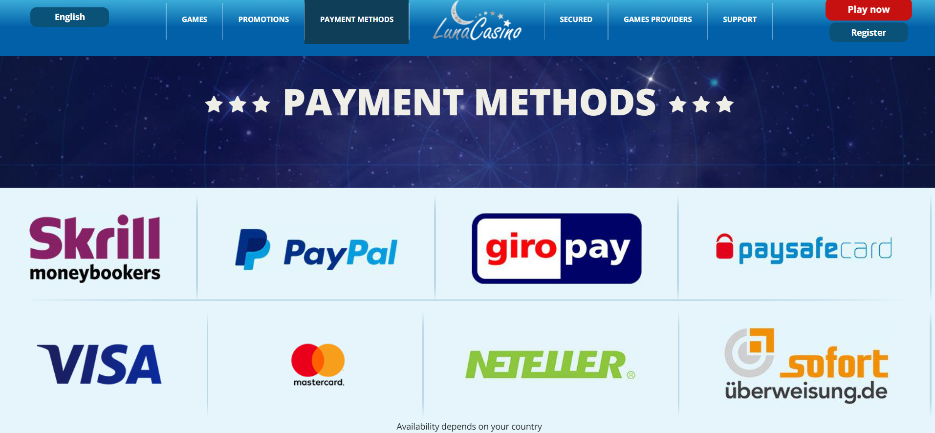 LunaCasino Payment Methods