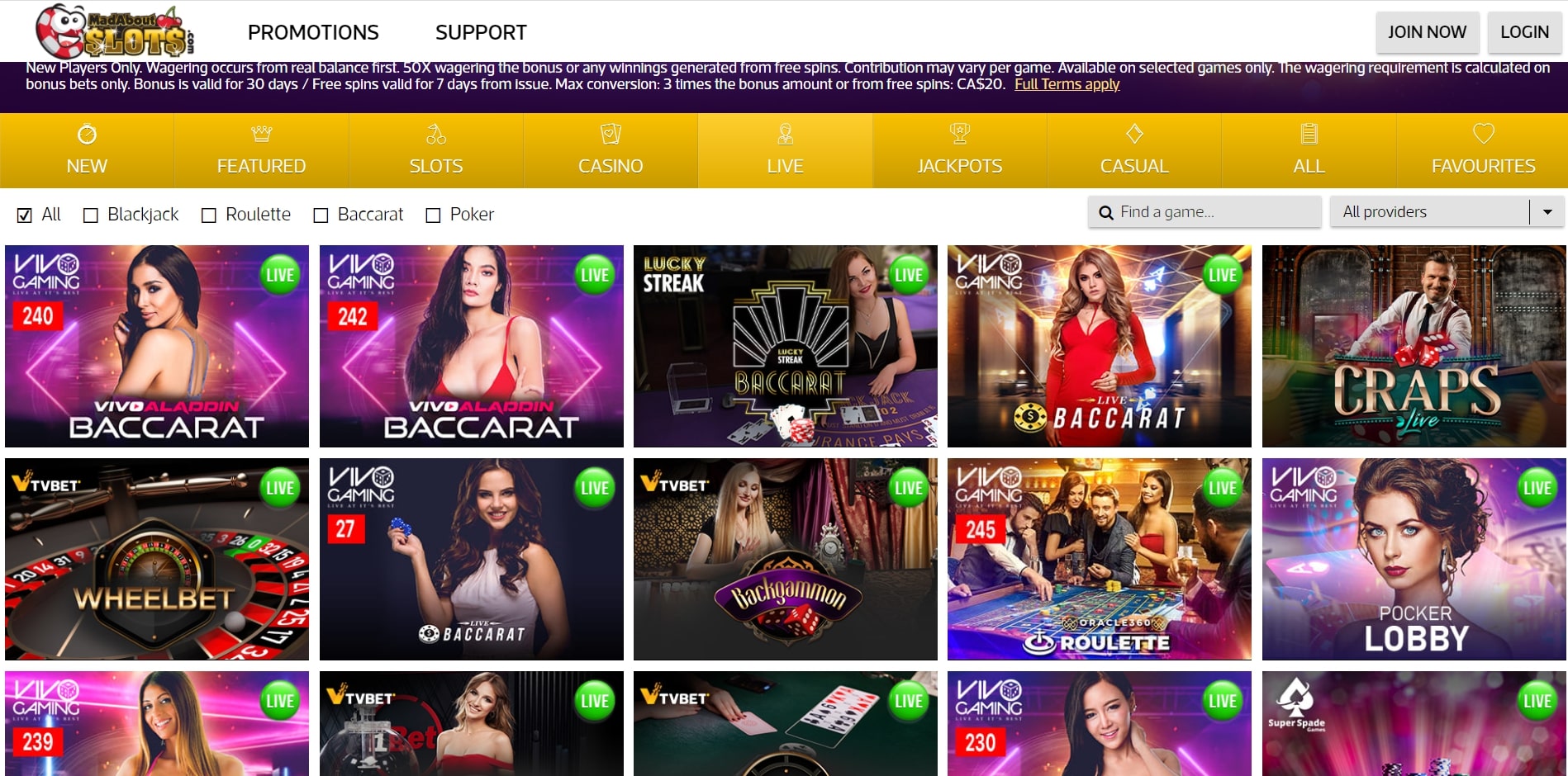 Mad About Slots Casino Live Dealer Games