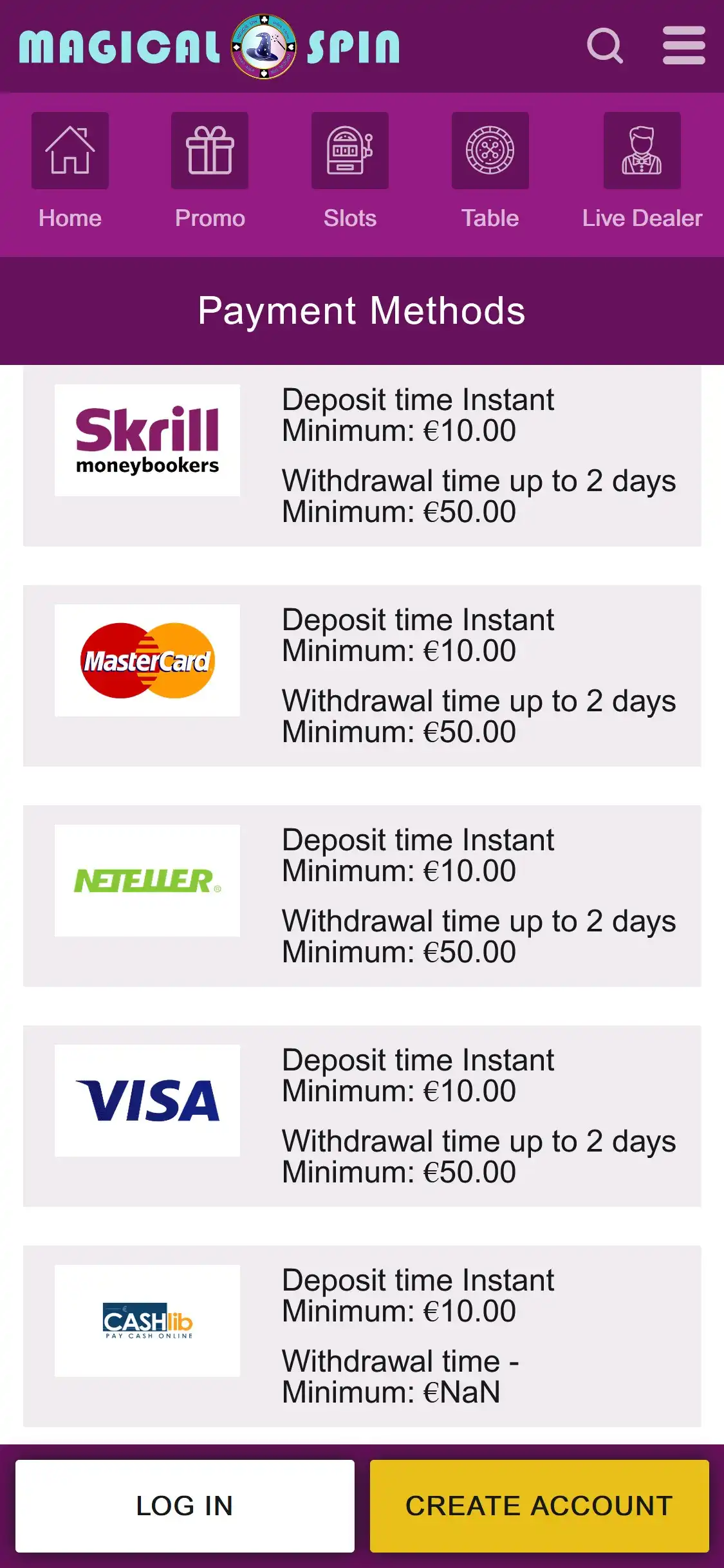 Magical Spin Casino Mobile Payment Methods Review