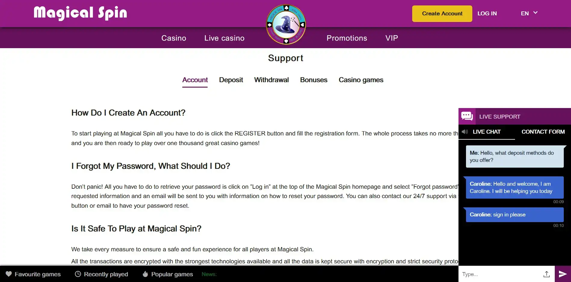 Magical Spin Casino Support