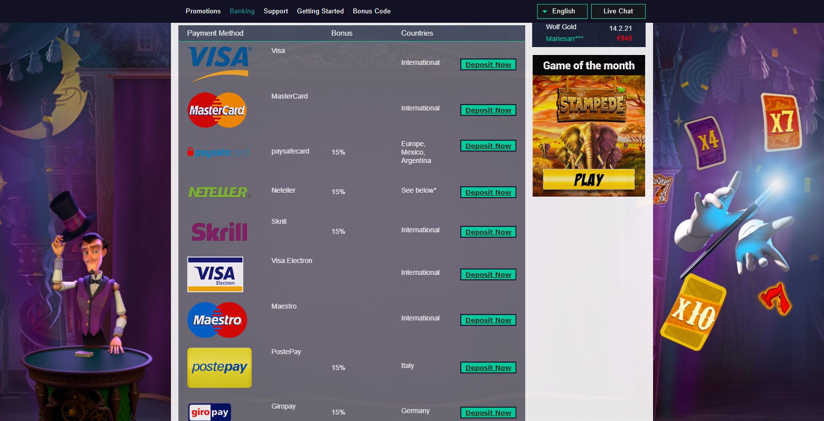 Magik Casino Payment Methods