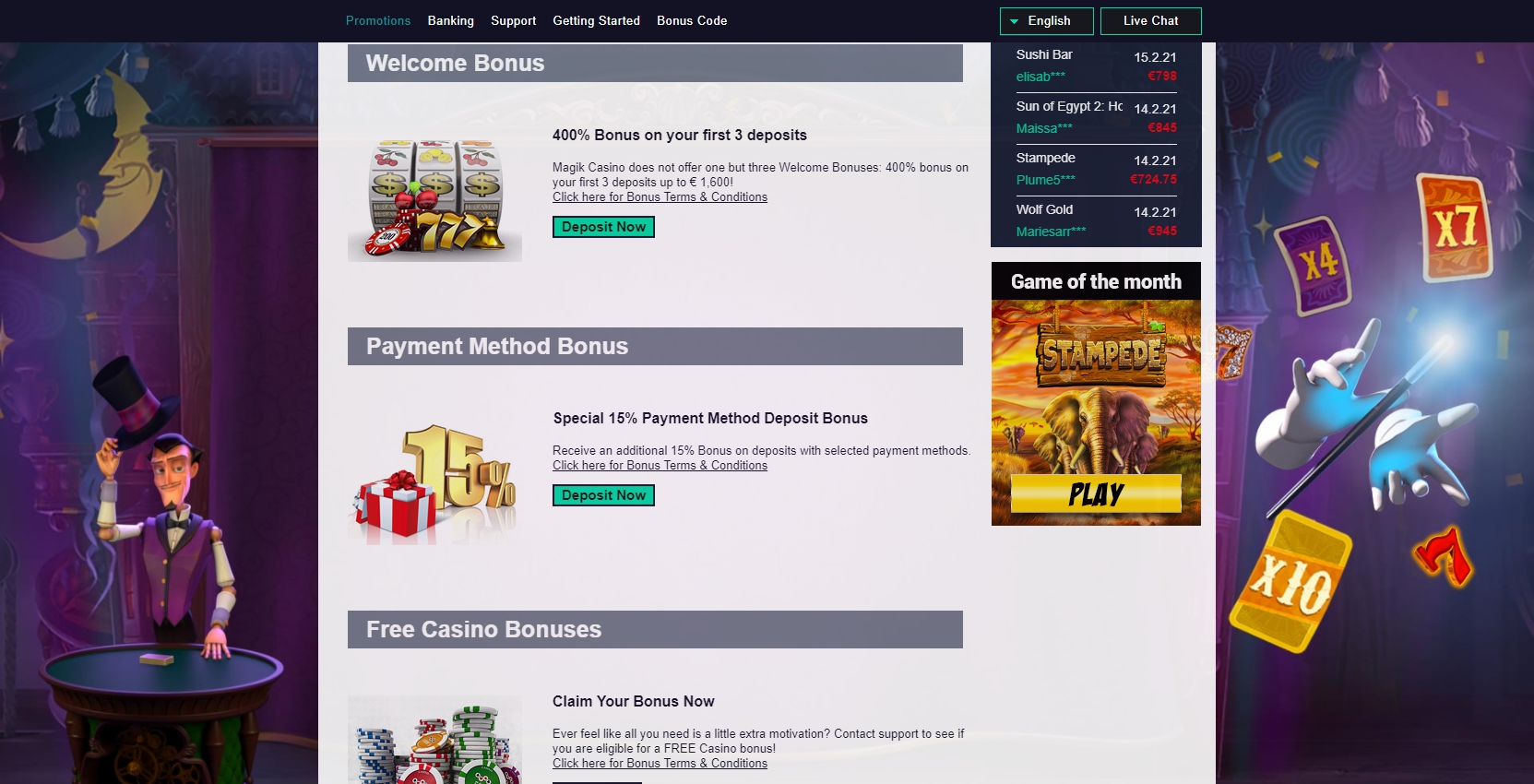 Magik Casino No Deposit Bonus