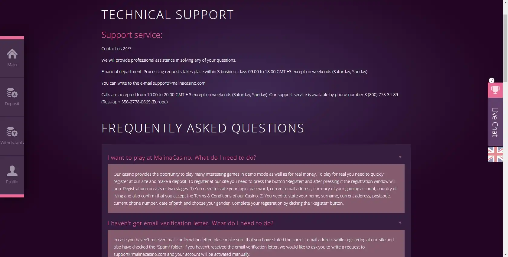 Malina Casino Support