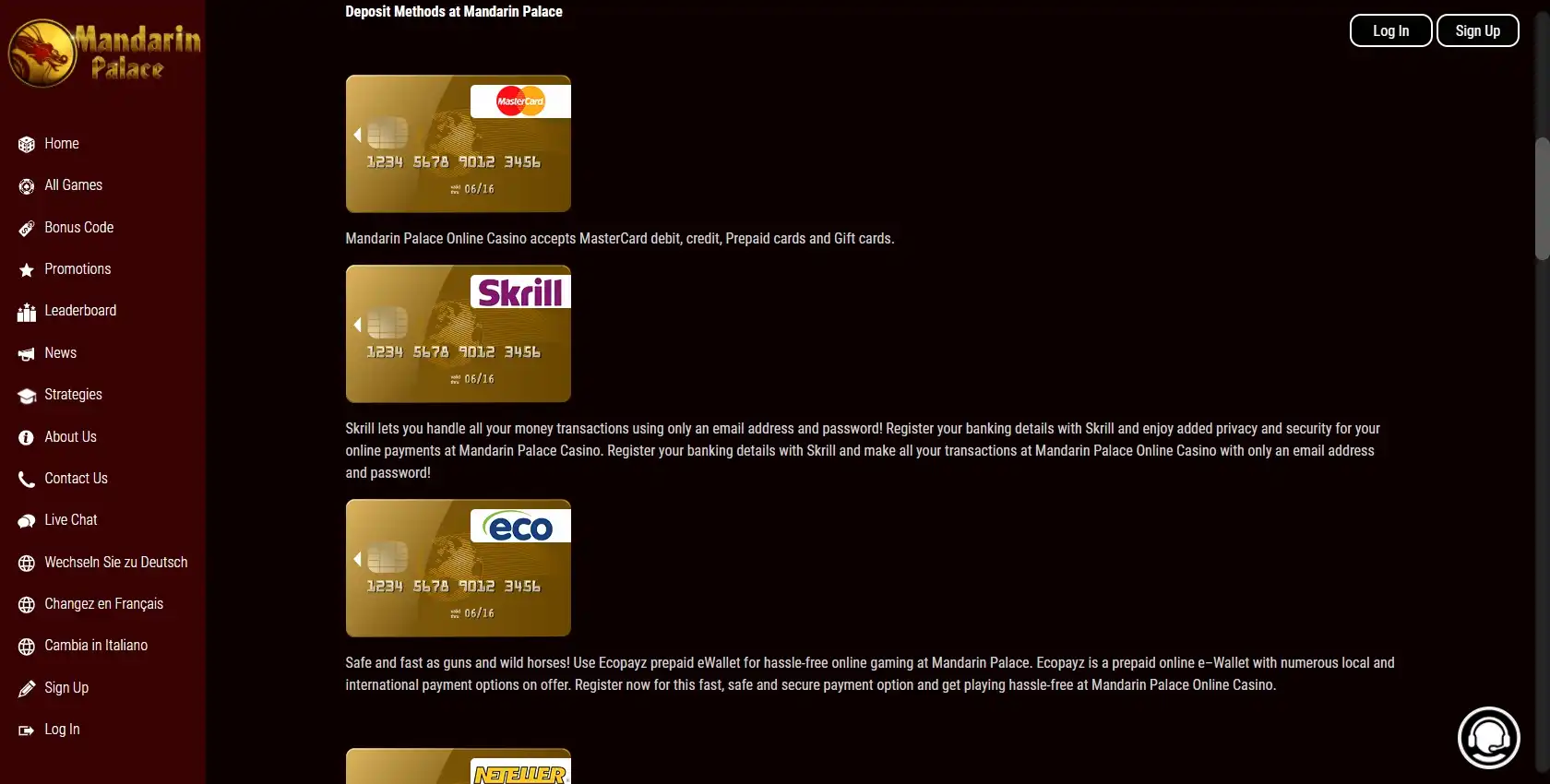 Mandarin Palace Casino Payment Methods