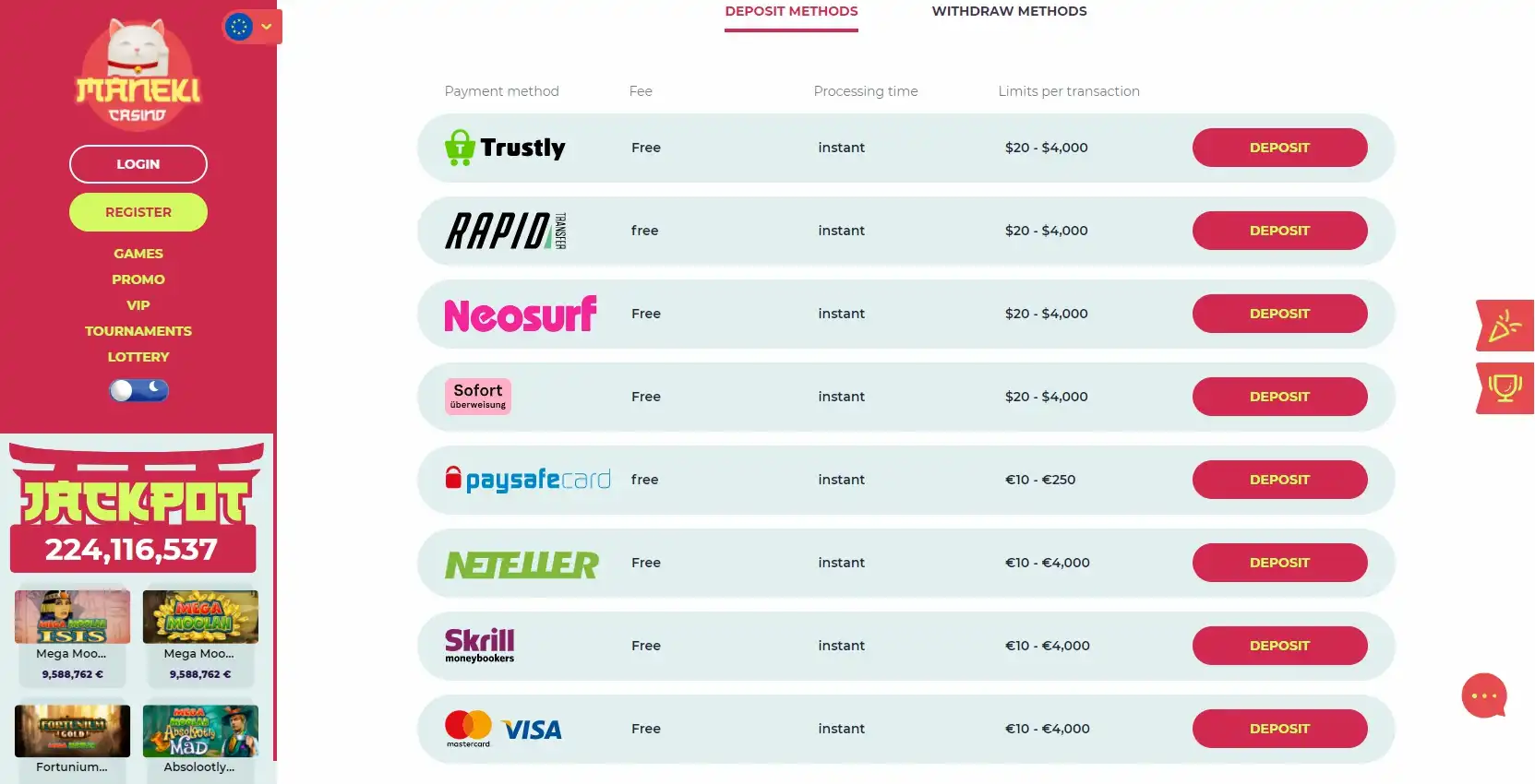 Maneki Casino Payment Methods