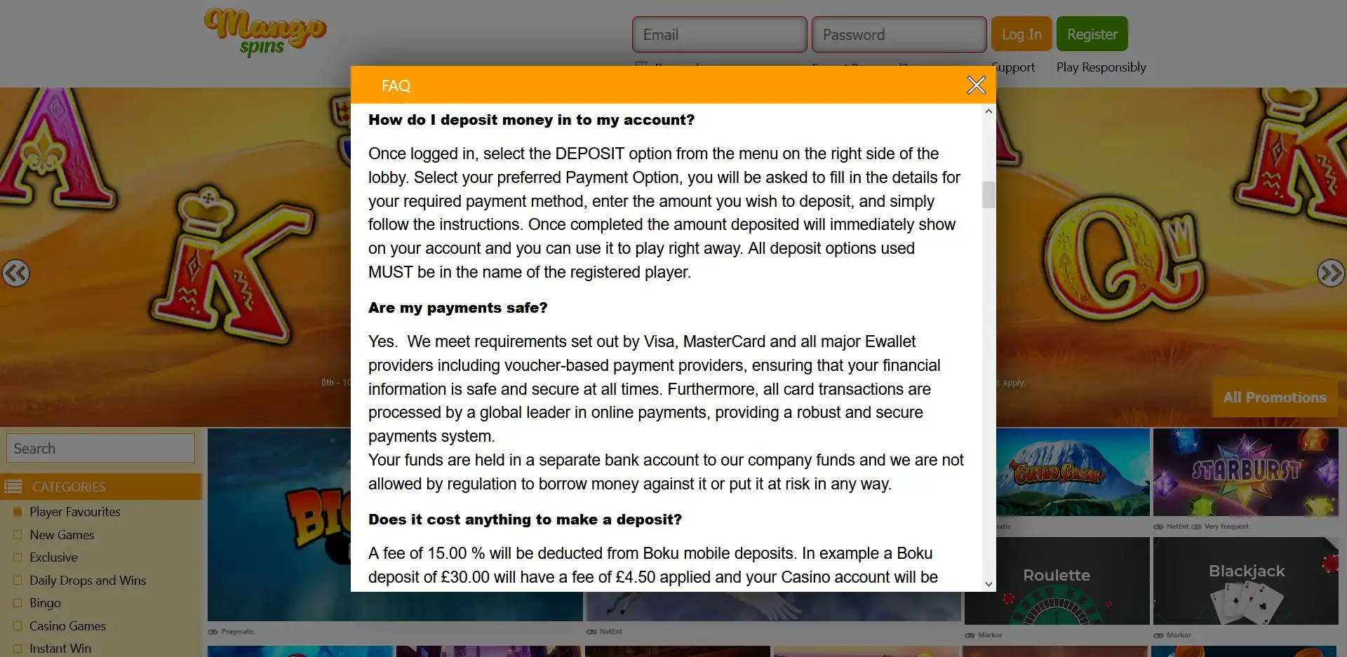 Mango Spins Casino Payment Methods