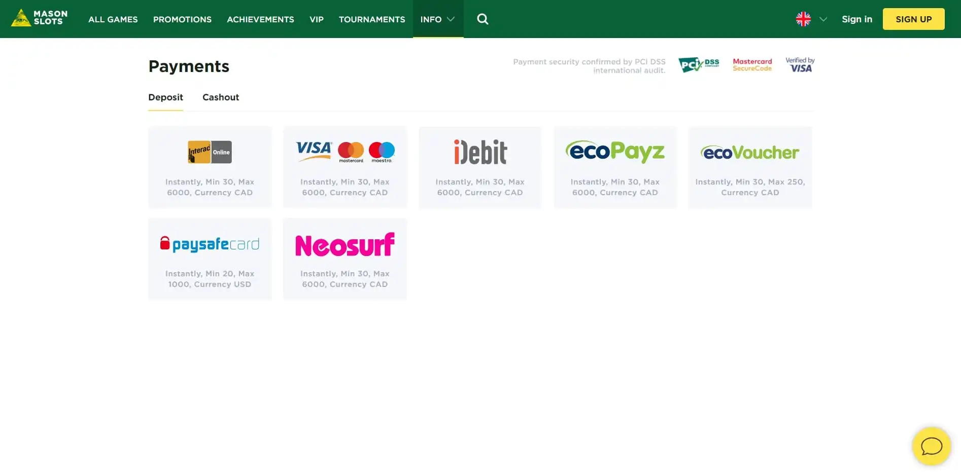 Mason Slots Casino Payment Methods