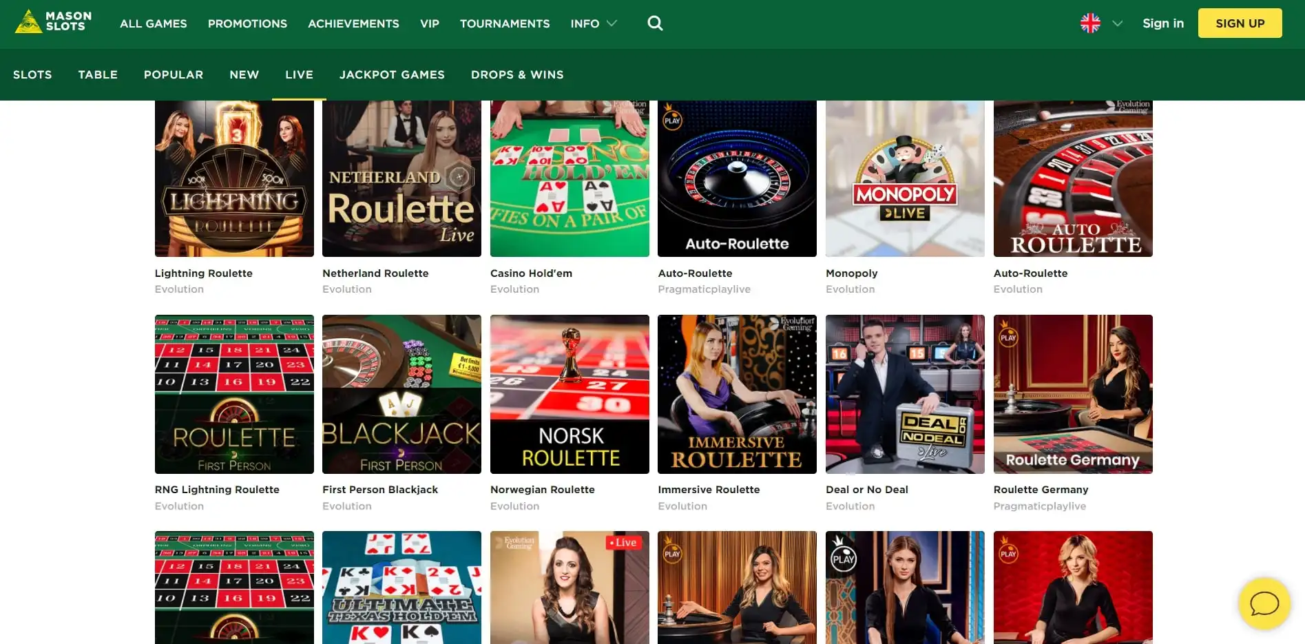 Mason Slots Casino Live Dealer Games