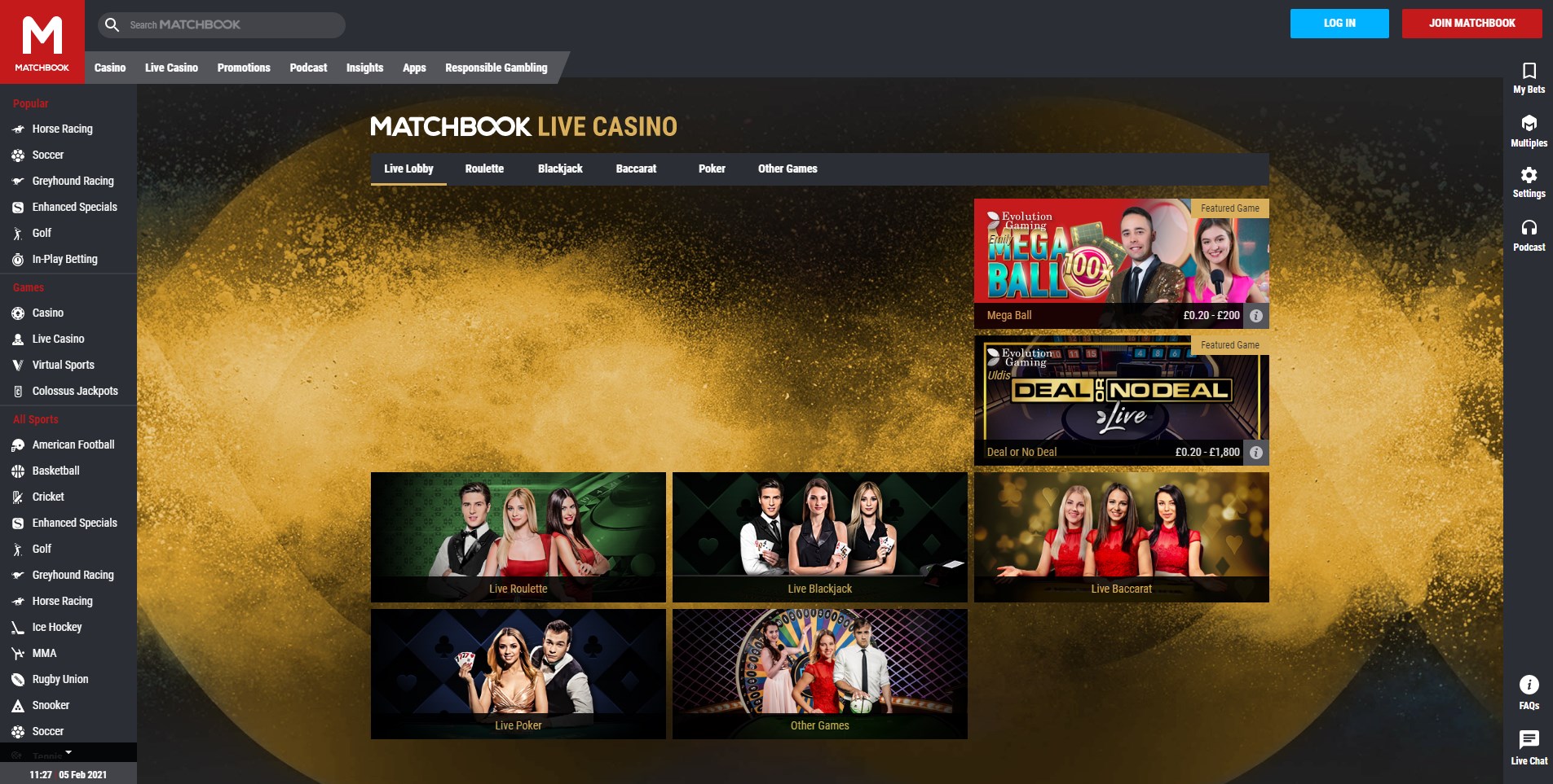 Matchbook Casino Live Dealer Games