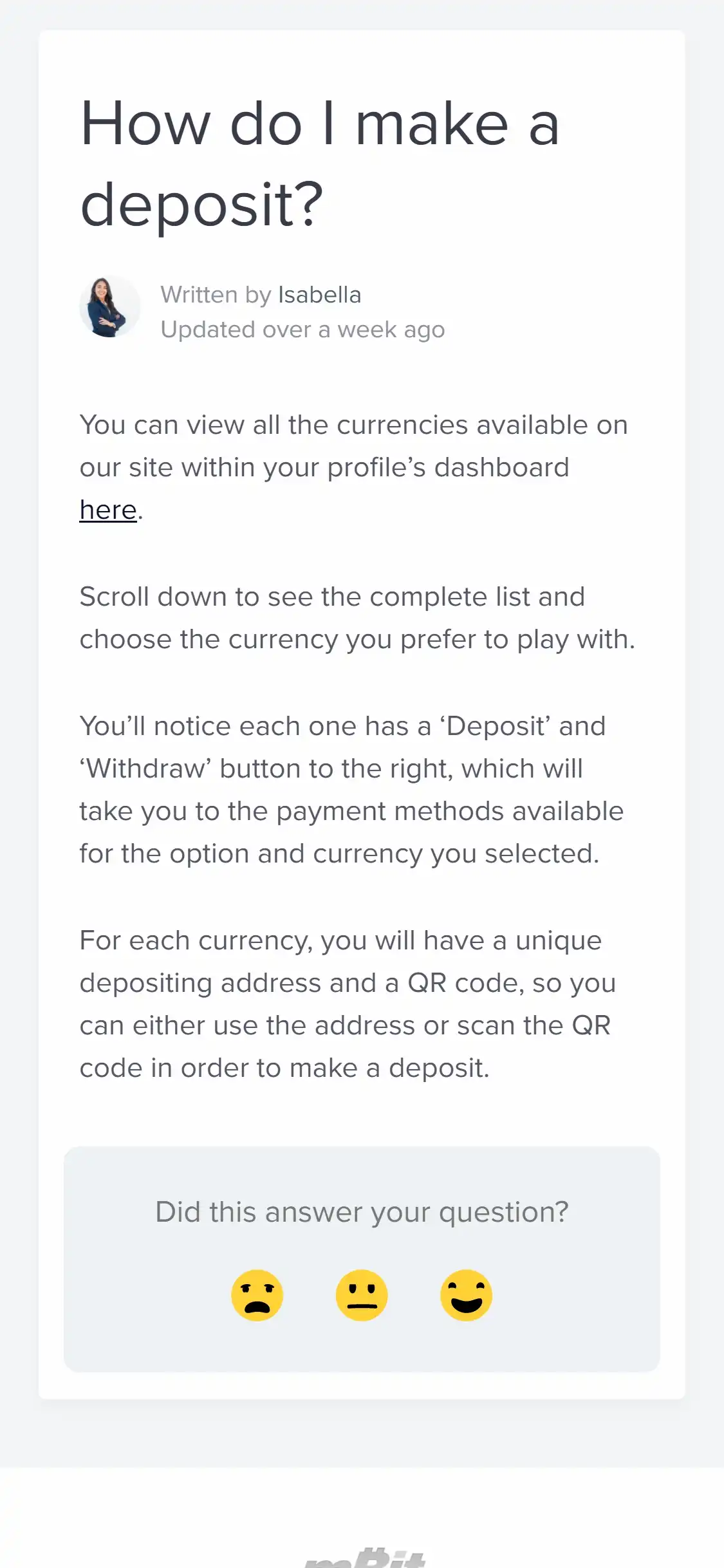mBit Casino Mobile Payment Methods Review