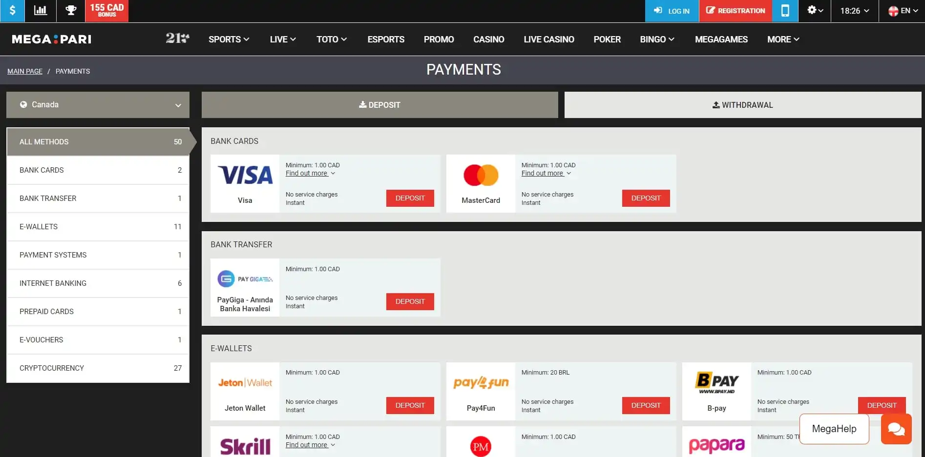Mega Pari Casino Payment Methods