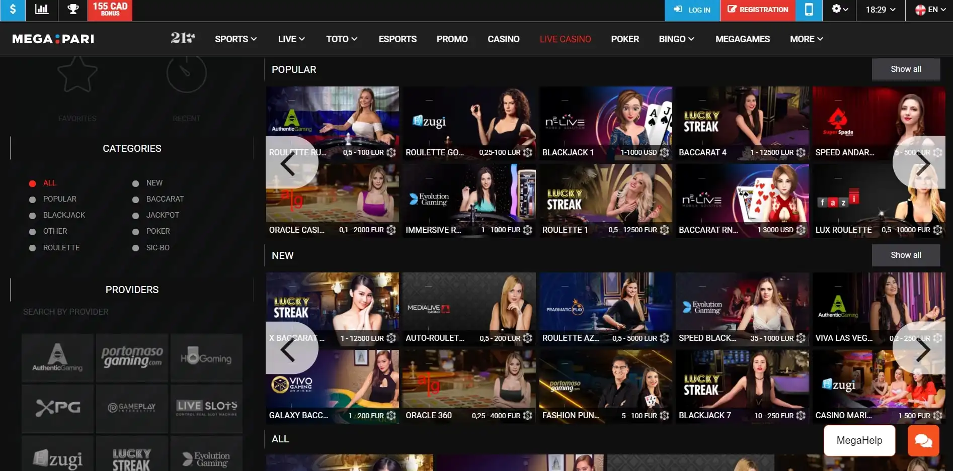 Mega Pari Casino Live Dealer Games