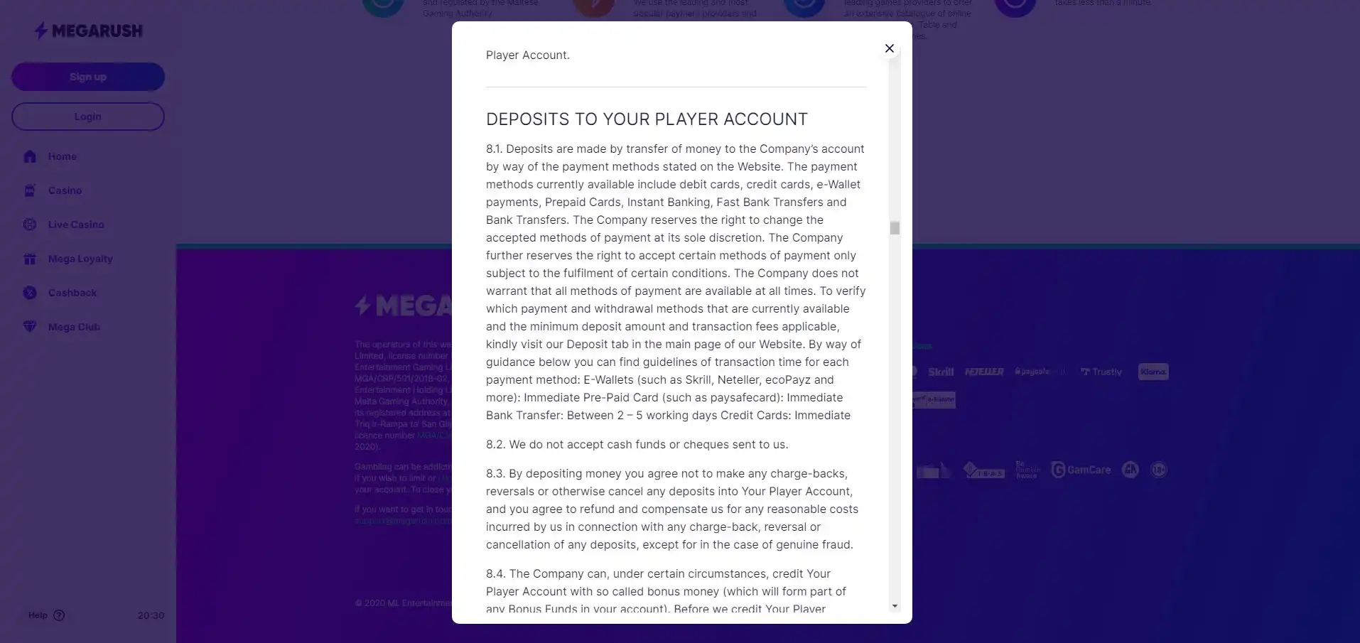 Megarush Payment Methods