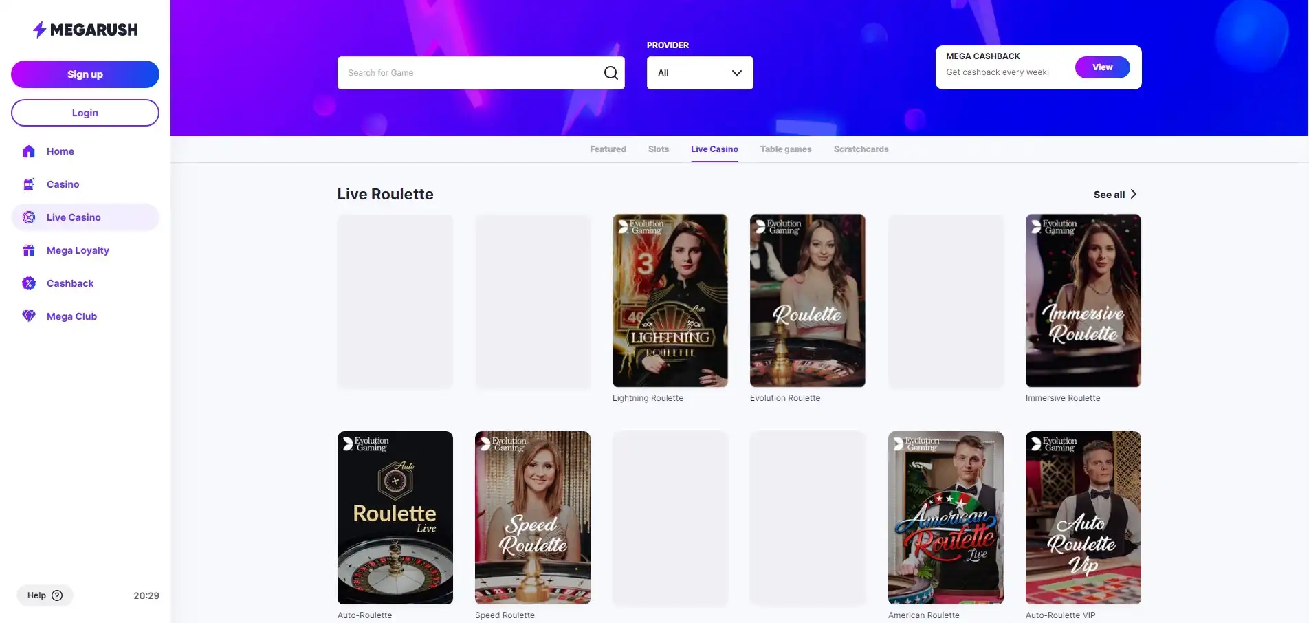 Megarush Live Dealer Games