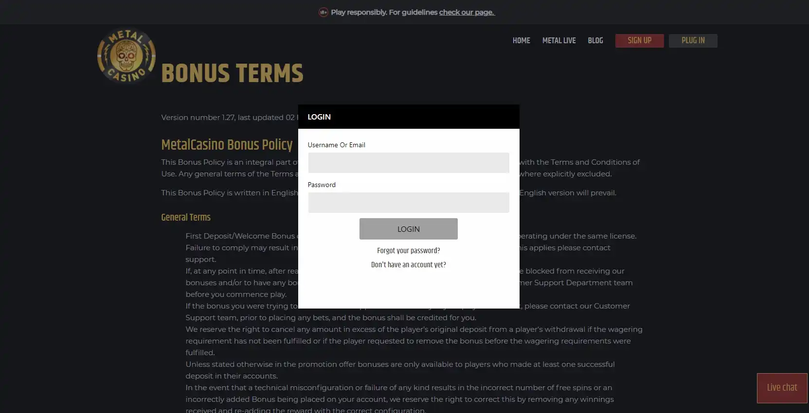 Metal Casino Login