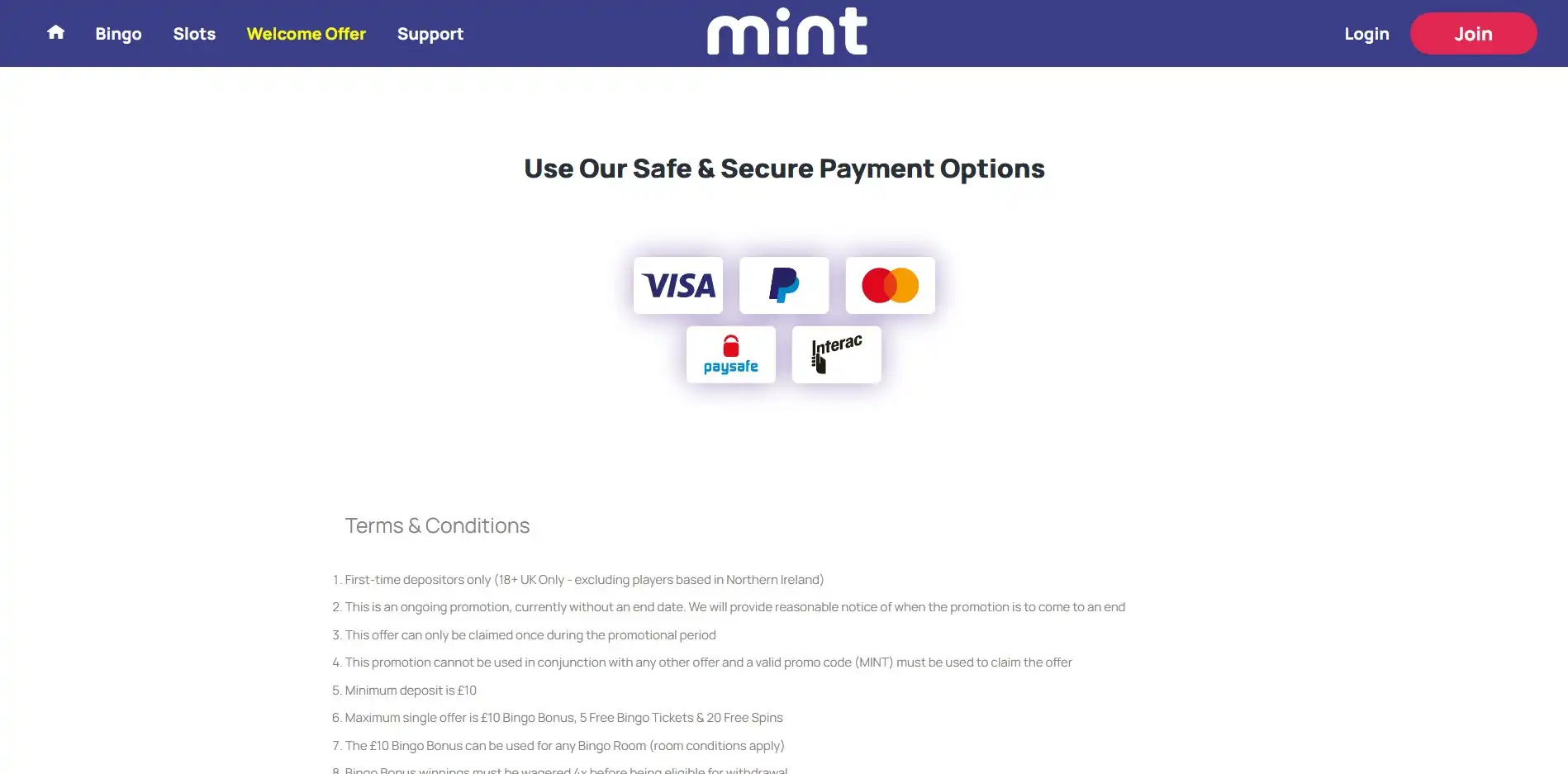 MintBingo Casino Payment Methods