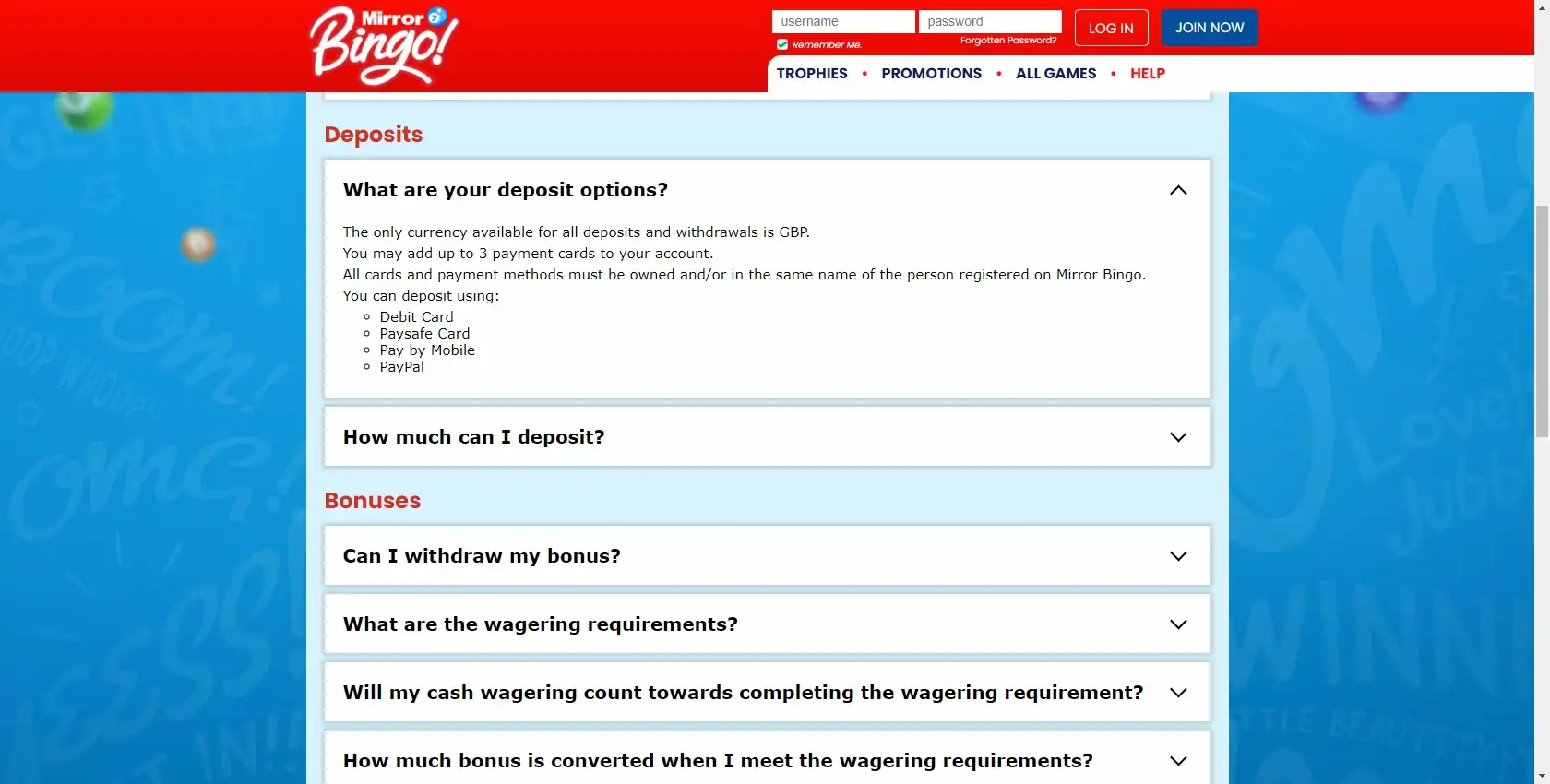 Mirror Bingo Casino Payment Methods