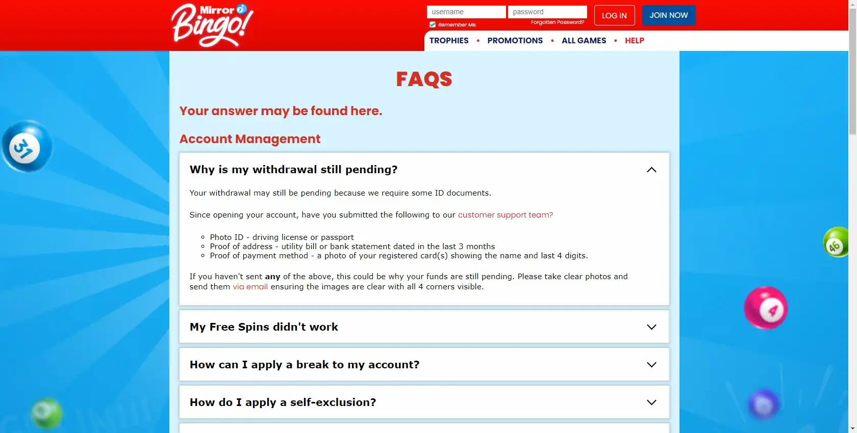 Mirror Bingo Casino Support